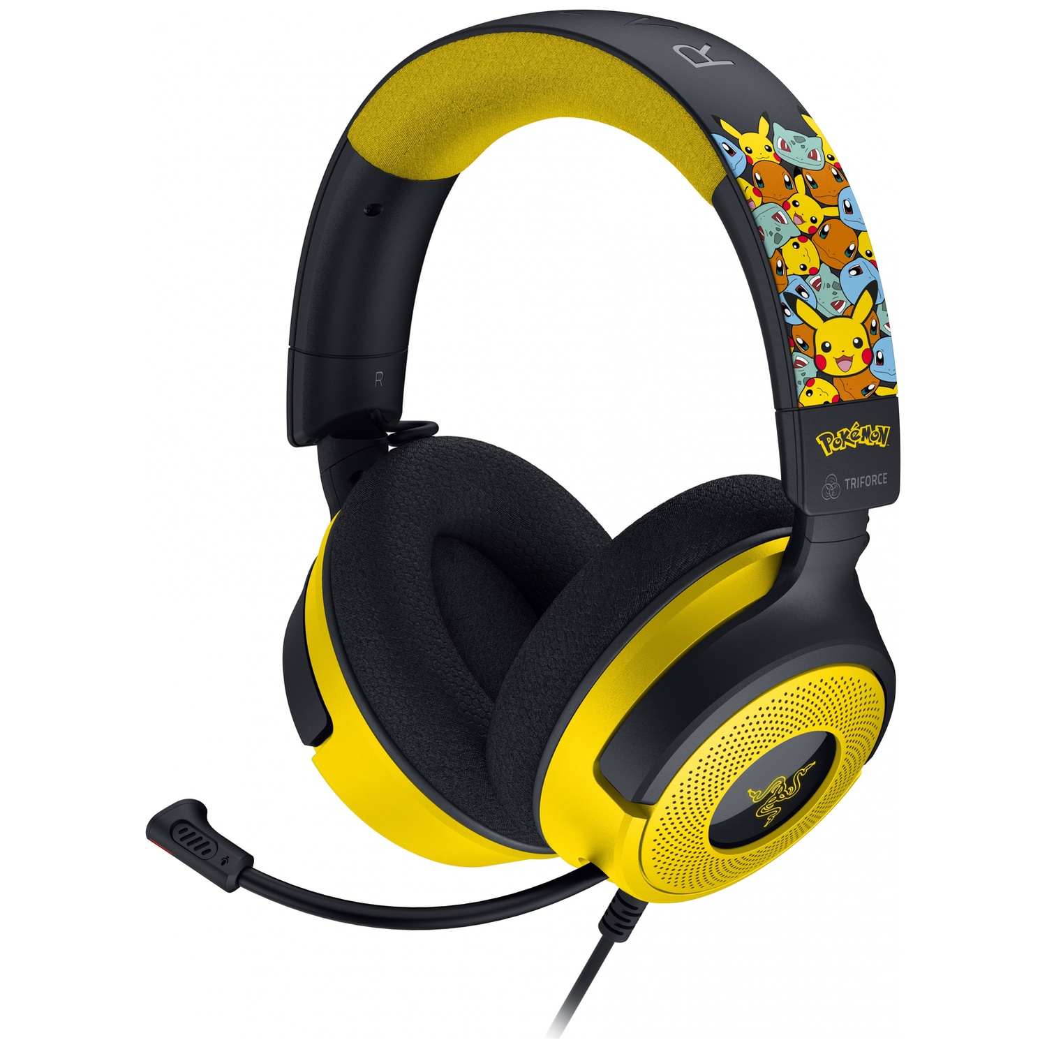 Gele en zwarte Pokemon Razer koptelefoon. Voorzien van Pikachu en andere karakters. Met microfoon.