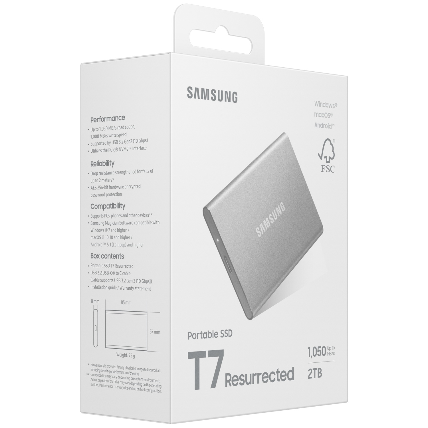 A Samsung T7 Resurrected Portable SSD box. It displays product features and a silver SSD. The box is white with black text.