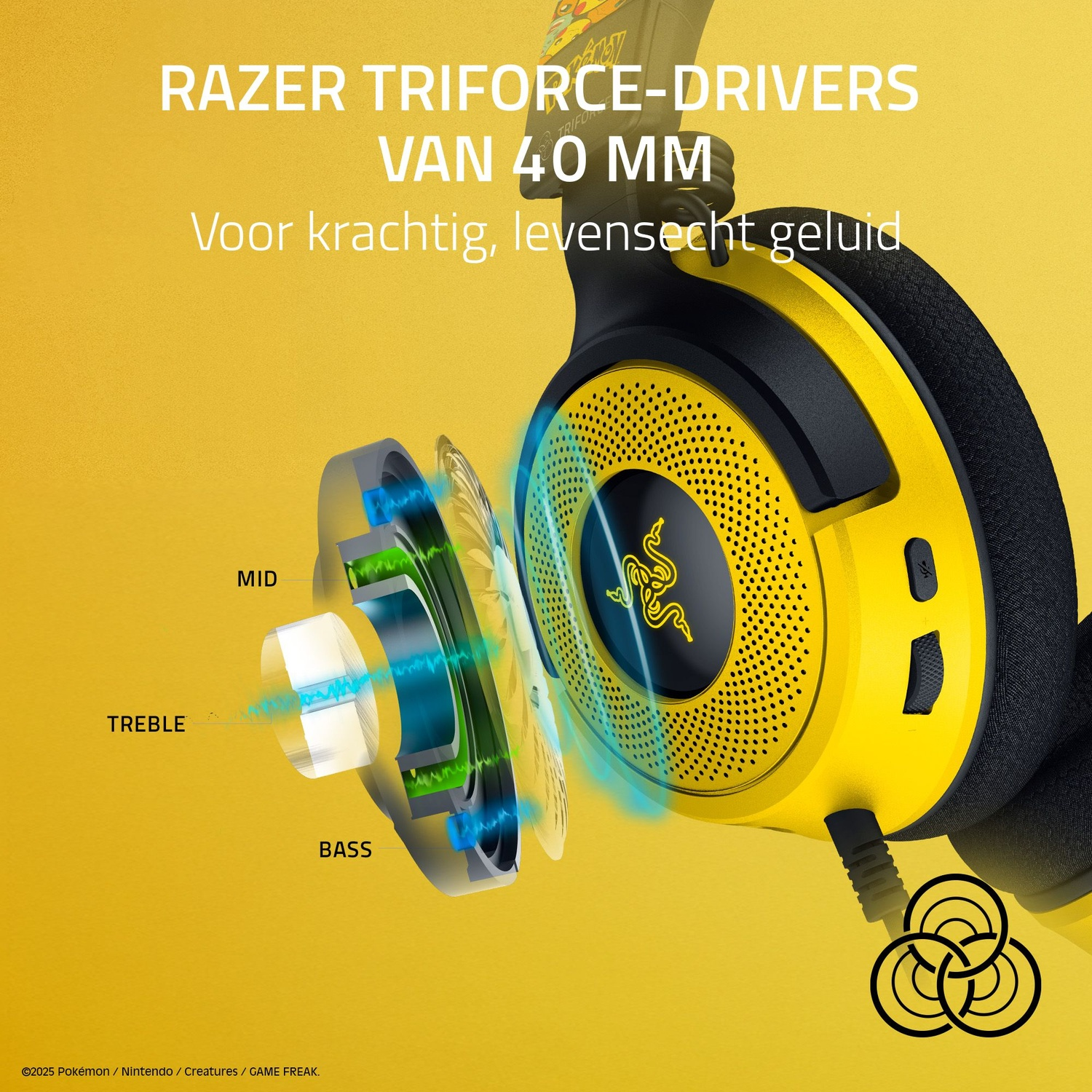Gele Razer-koptelefoon met zwarte accenten, interne componenten tonend. Tekst: Razer Triforce-Drivers, Van 40 mm. Achtergrond geel.