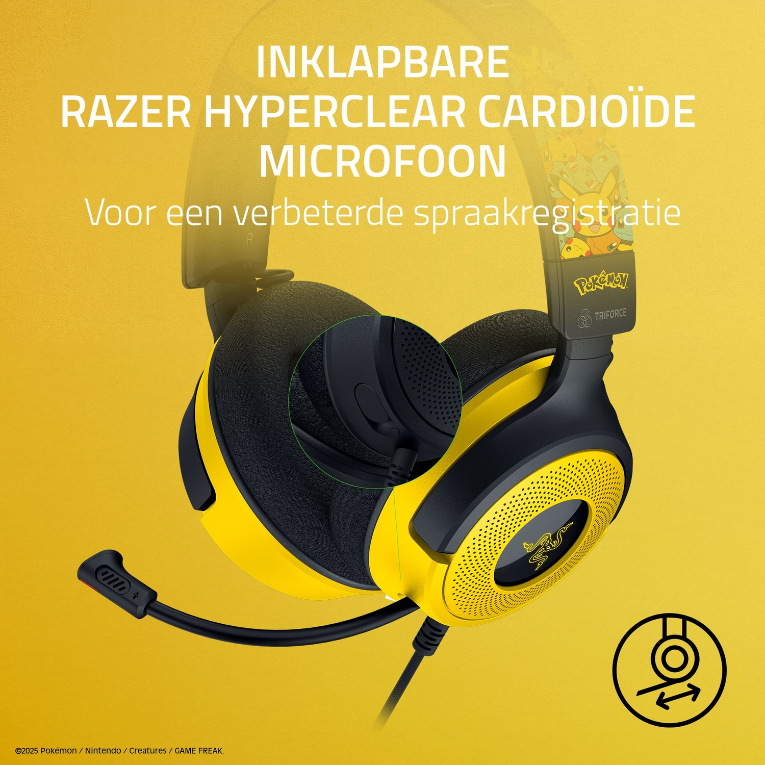 Geel en zwarte Razer headset met microfoon. Tekst: Razer HyperClear cardioïde microfoon, Pokemon branding.