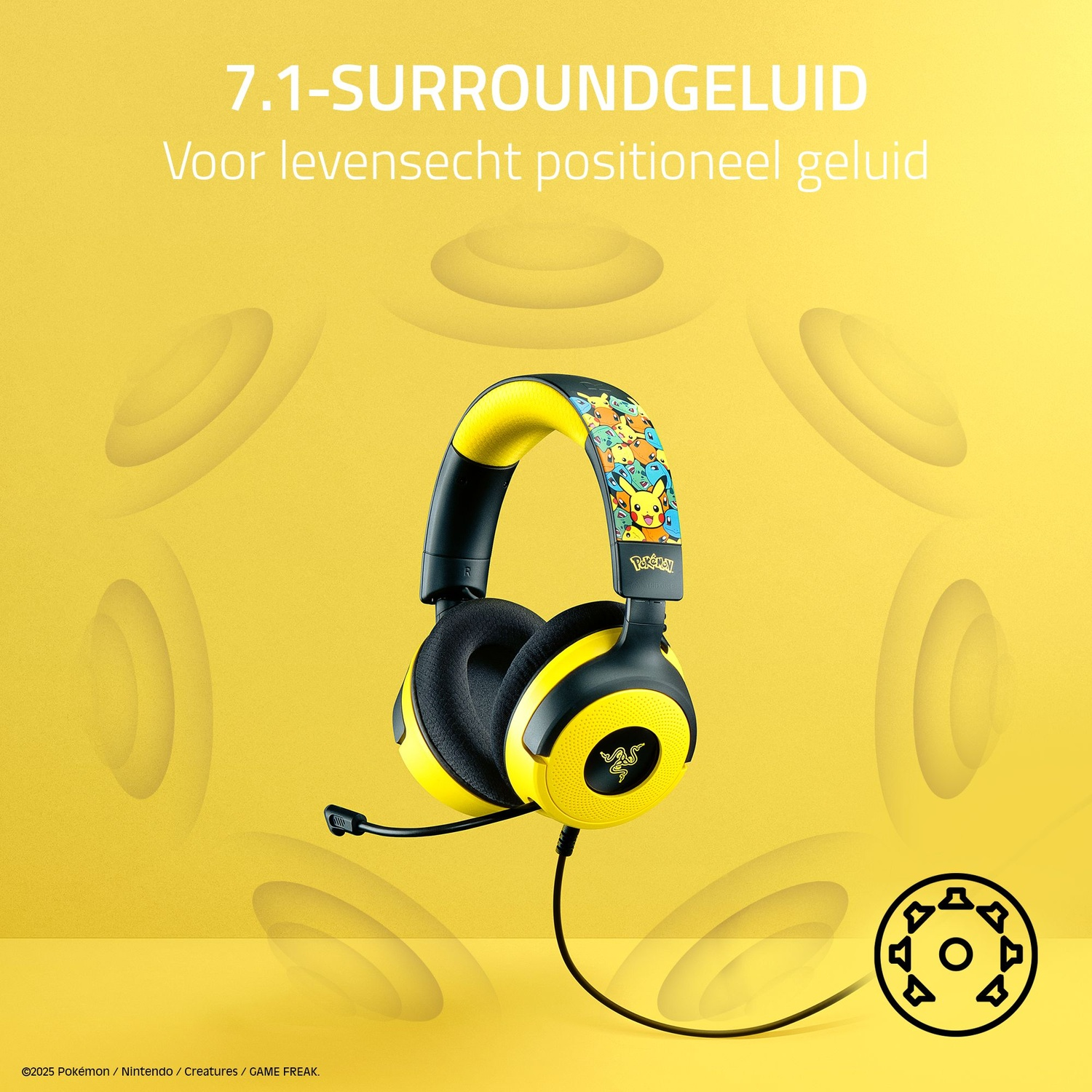 Geel en zwarte Pokémon-headset met een microfoon. De achtergrond is geel met geluidsgolfafbeeldingen en tekst.