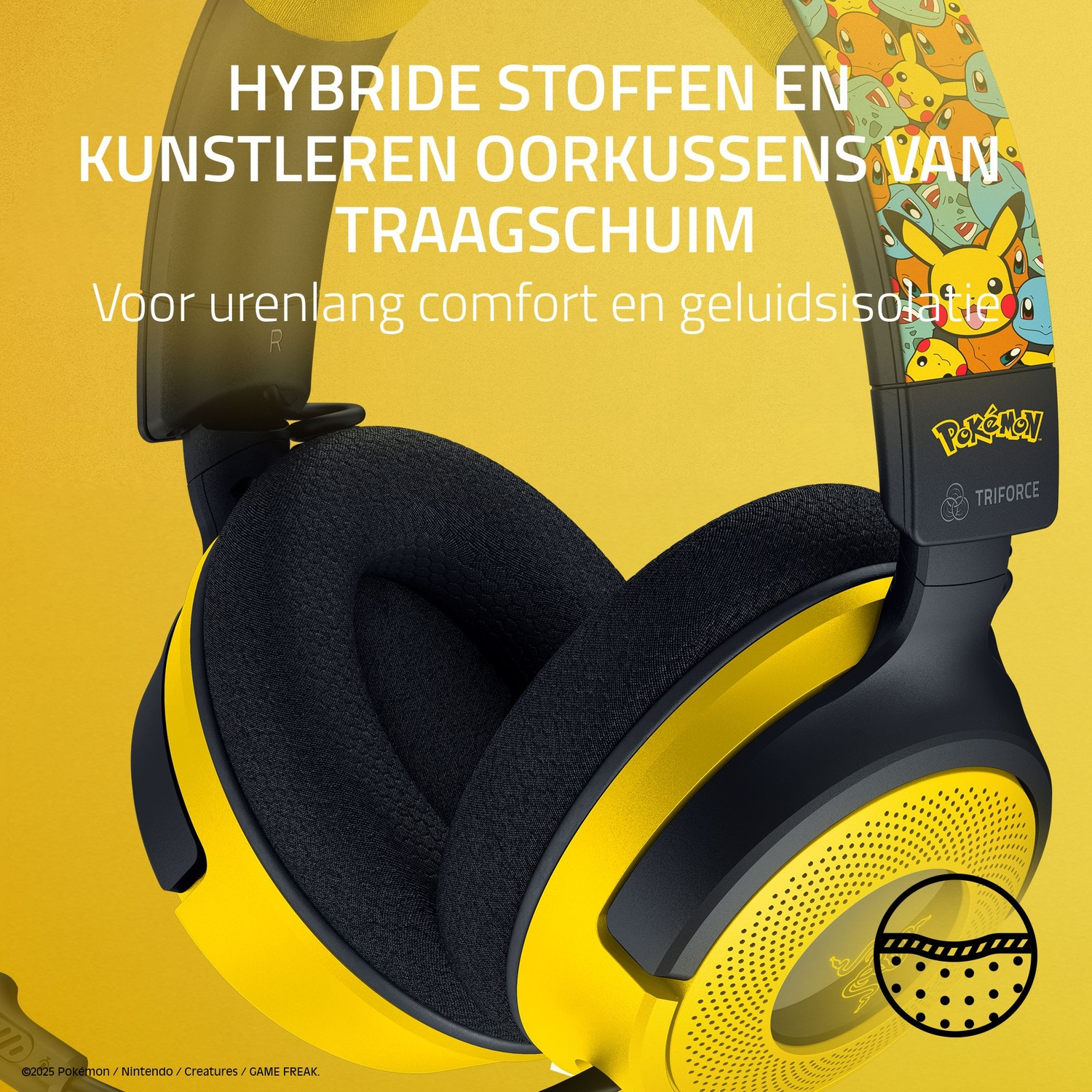 Gele en zwarte koptelefoon met Pokémon-thema op gele achtergrond. Tekst luidt: hybride stoffen, oorkussens van traagschuim.