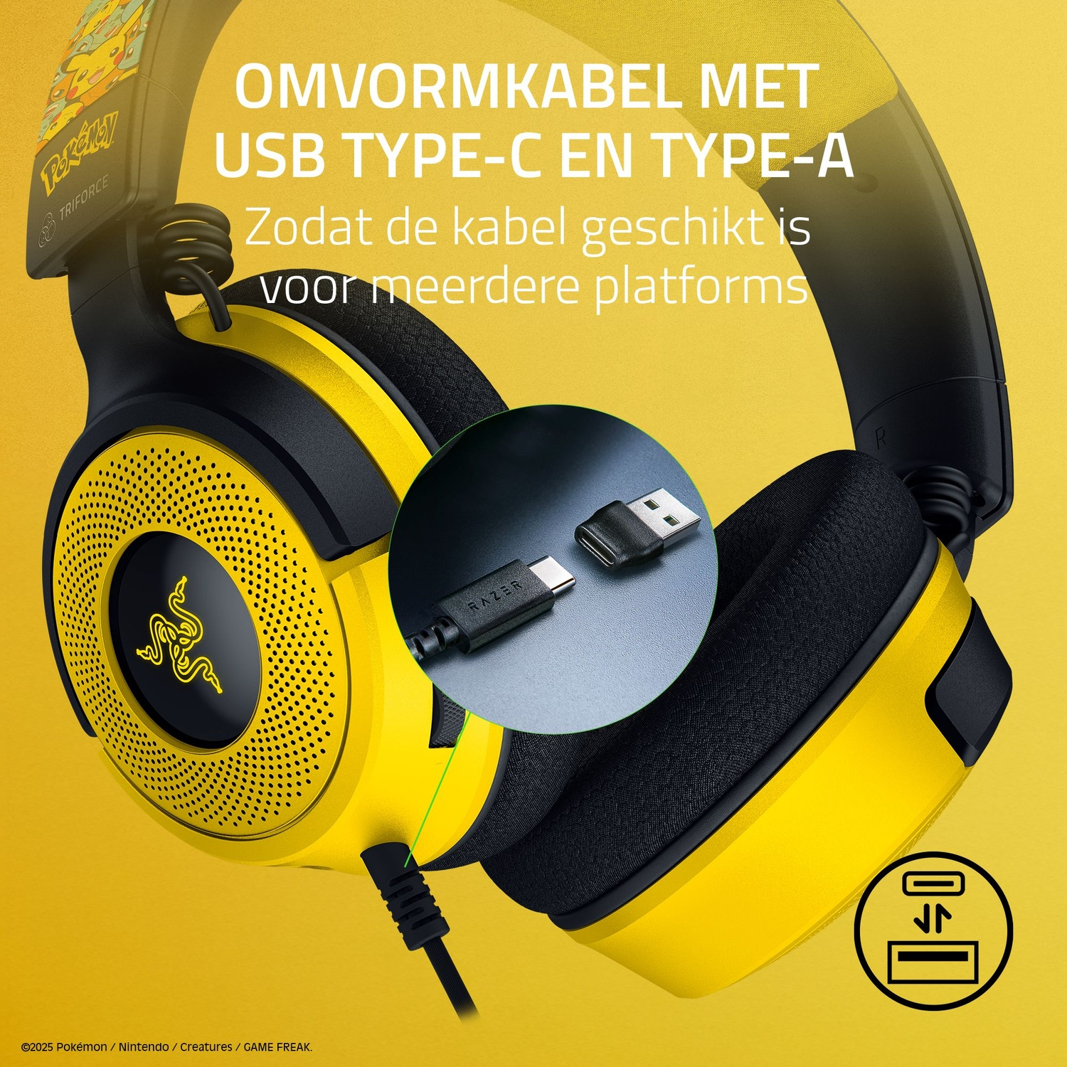 Geel en zwarte headset met een USB Type-C en Type-A kabel. Een close-up toont de connectoren.