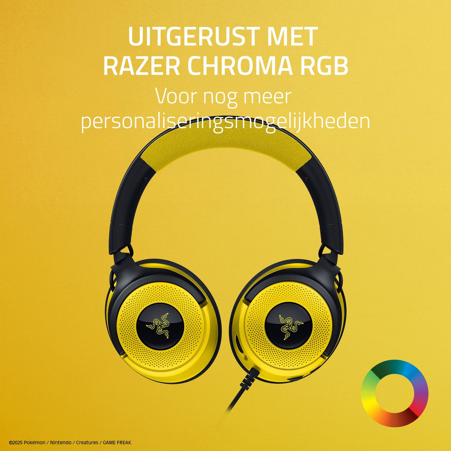 Geel en zwarte Razer Chroma RGB koptelefoon op gele achtergrond, met een kleurenwiel rechts.