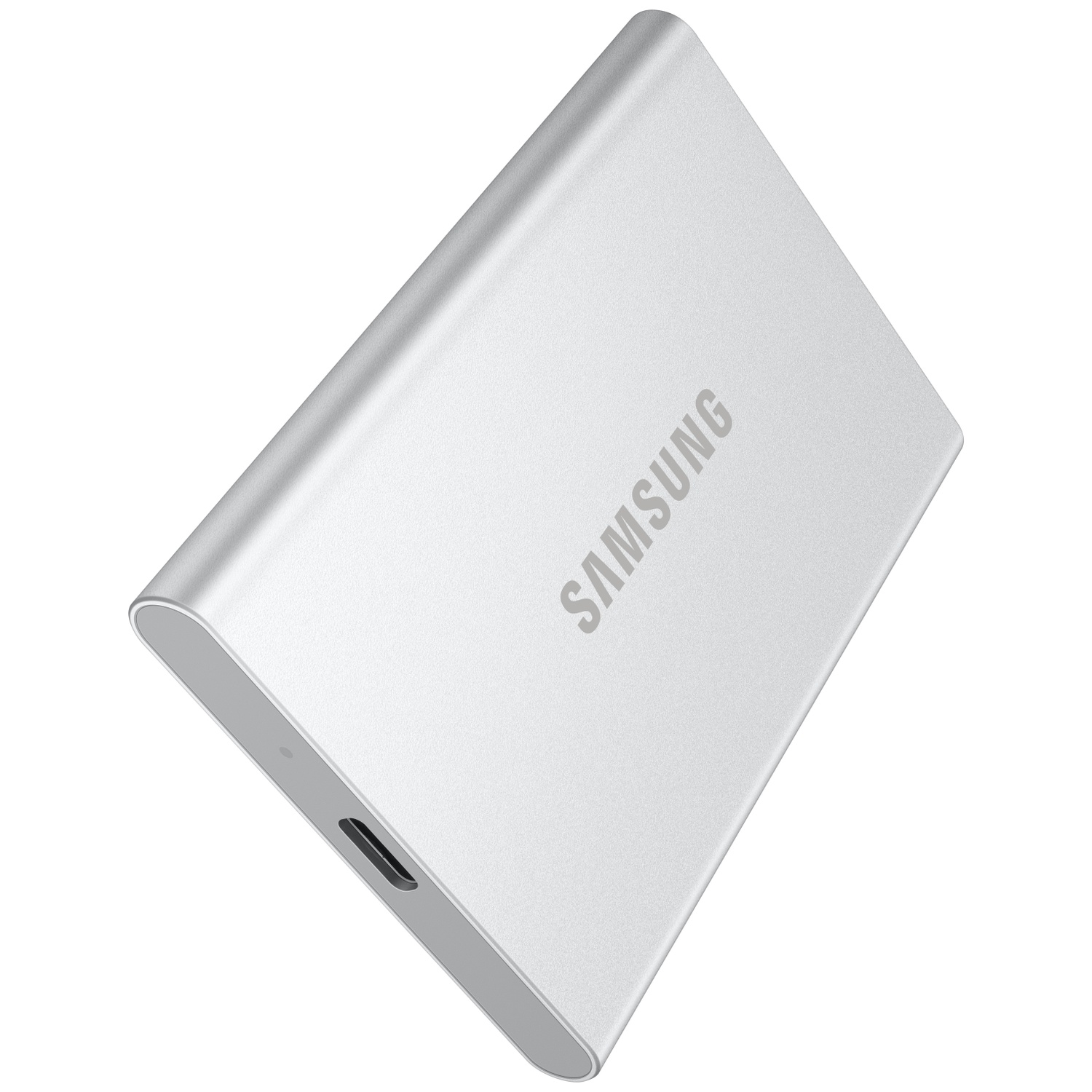 Een zilveren Samsung draagbare SSD op een witte achtergrond. Het apparaat is rechthoekig met afgeronde hoeken en een USB-C-poort.