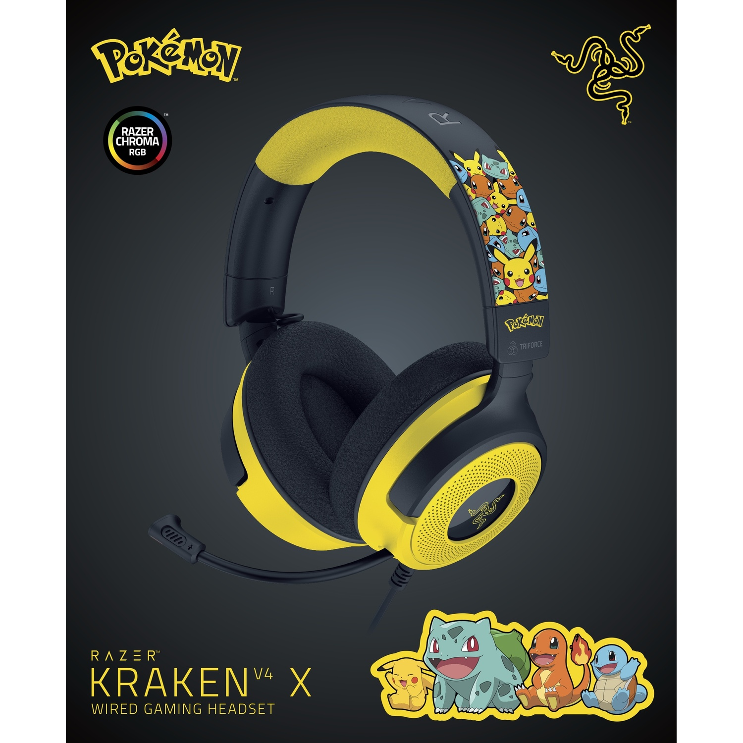 Een Razer Kraken V4 X gaming headset met een Pokémon-thema. Het heeft gele en zwarte kleuren met Pokémon-personages.