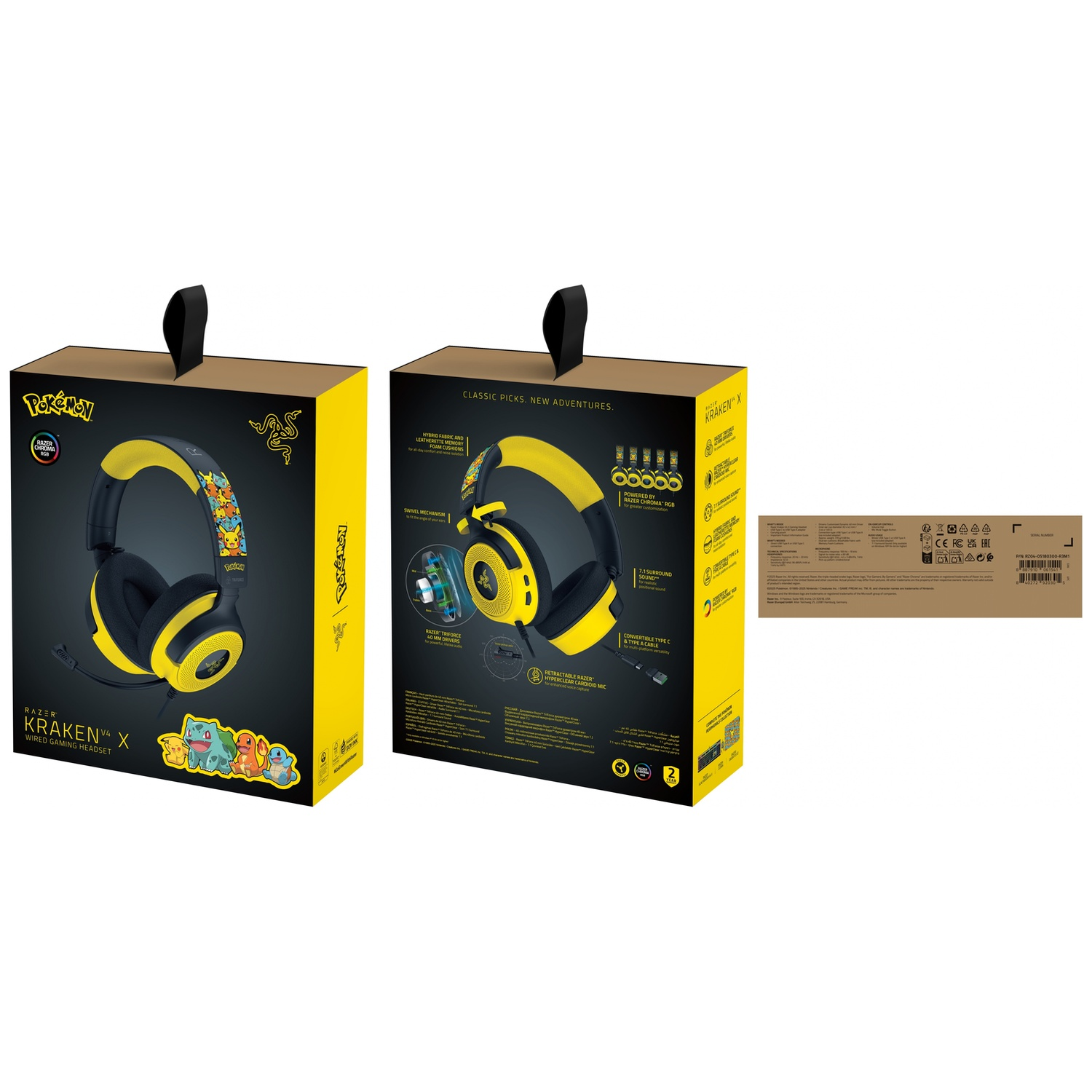 Twee dozen Razer Kraken X Pokémon-hoofdtelefoons. Links het product met Pokémon-personages. Rechts de productkenmerken.