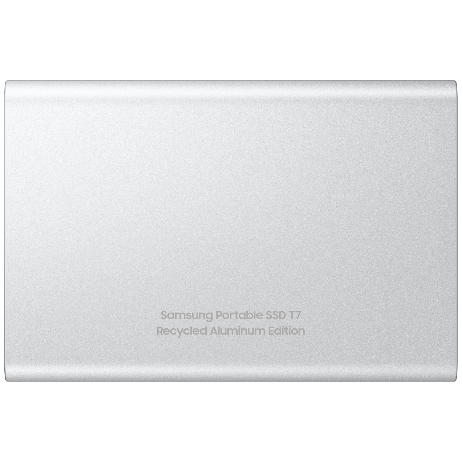 Zilveren Samsung Portable SSD T7. Het apparaat heeft een geborstelde aluminium afwerking en de woorden "Recycled Aluminum Edition".