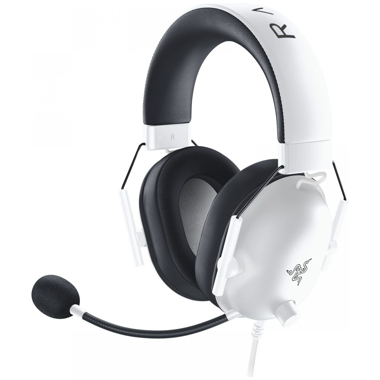 White and black gaming headset. Razer logo on the ear cup. Microphone extends from the left ear cup. White cable.