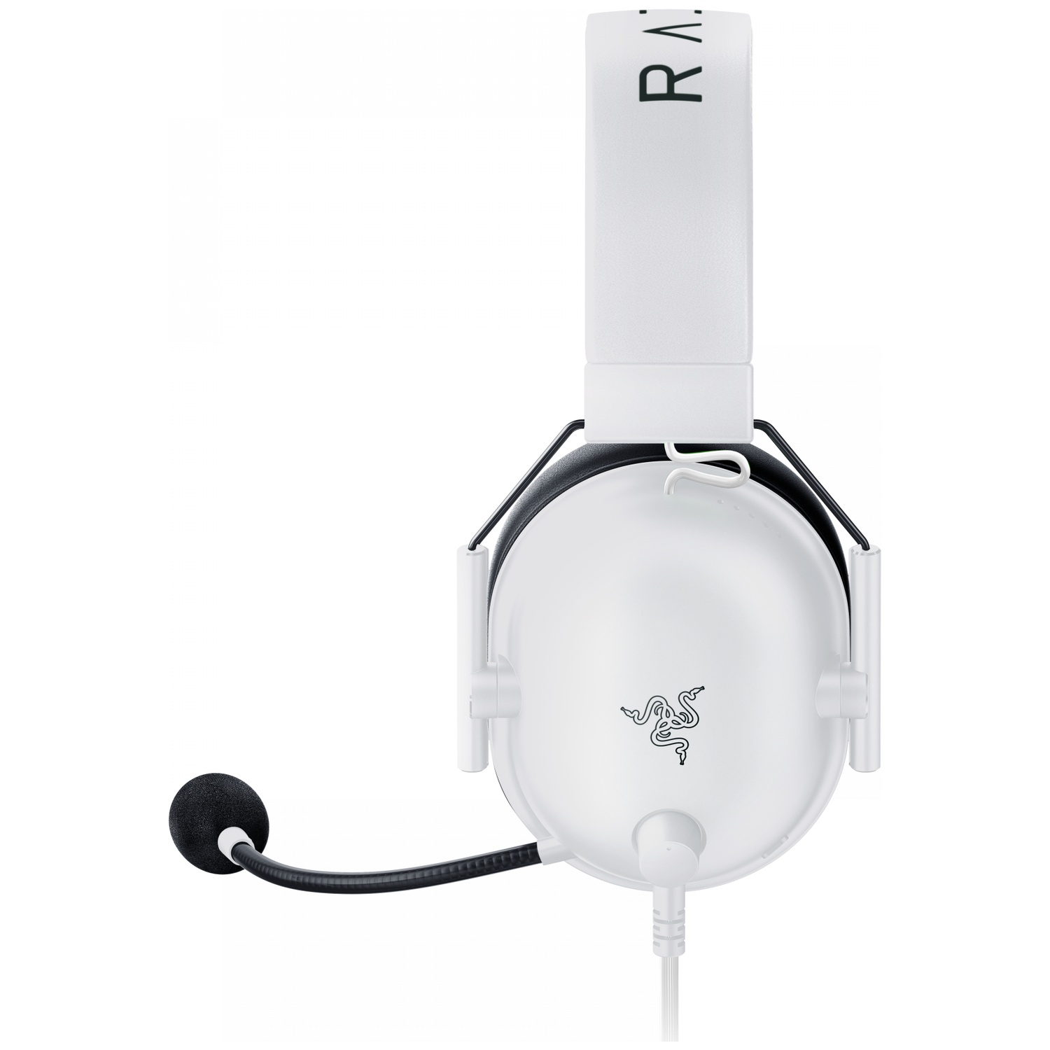 White Razer gaming headset with a black microphone. The headset has the Razer logo and a white cable. The background is white.