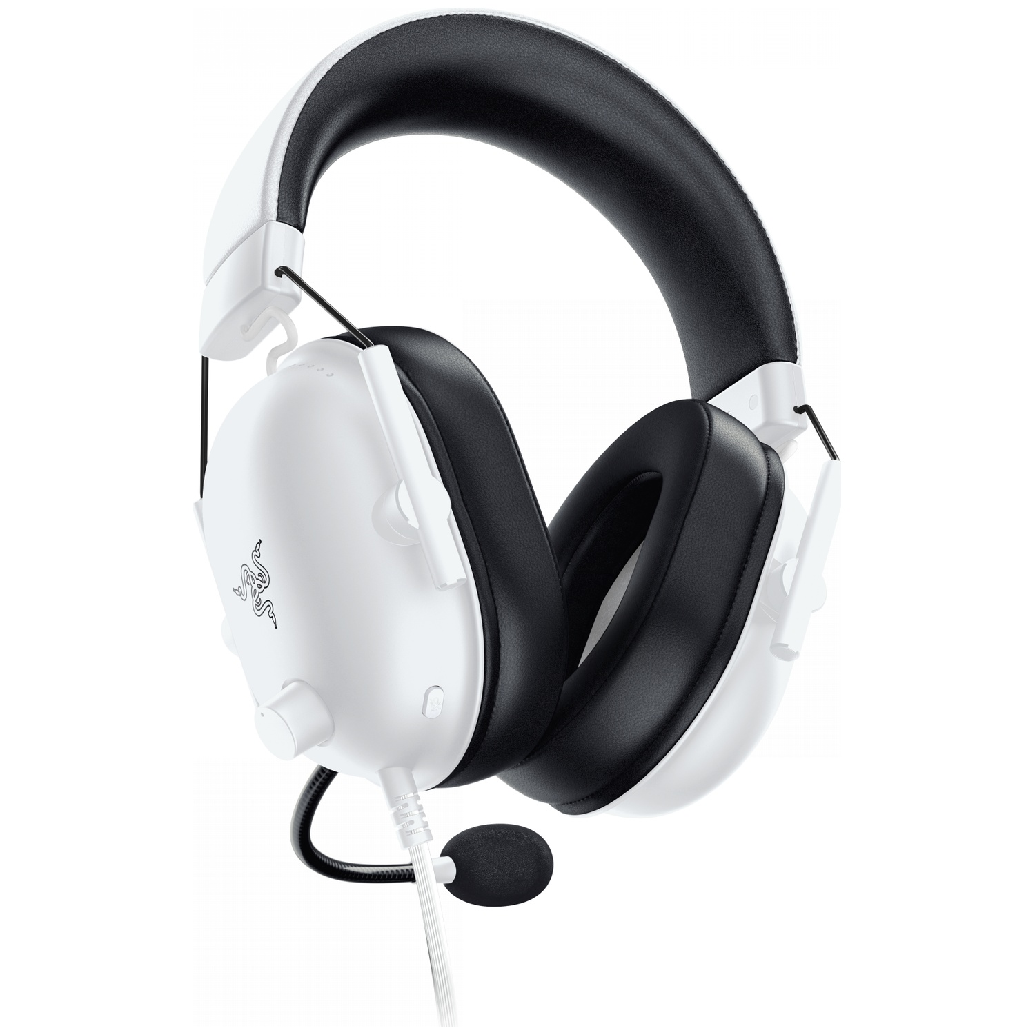 White and black gaming headset. The headset has a microphone, and a Razer logo. The background is white.