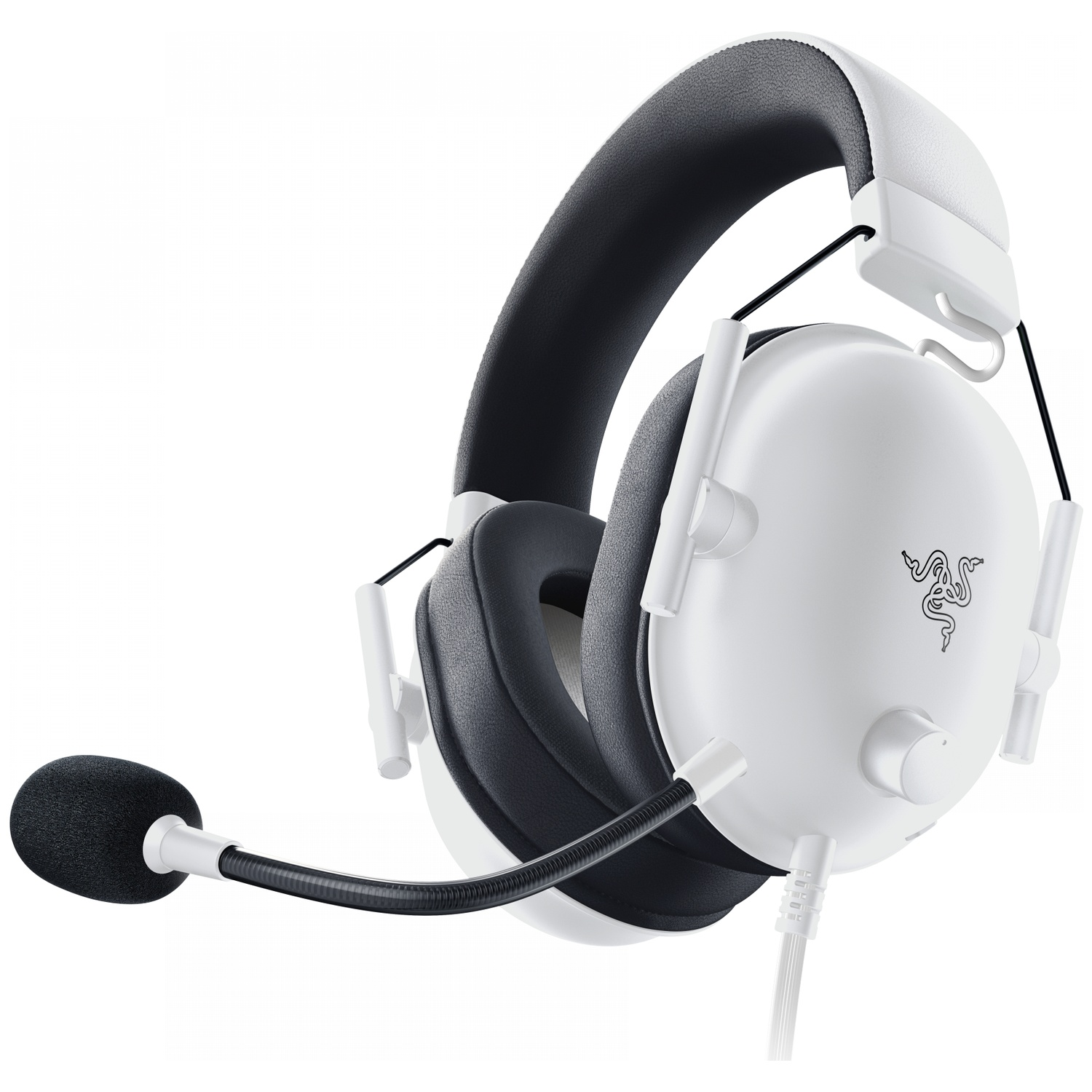 White and black gaming headset. The headset has a flexible microphone and a Razer logo. It is isolated on a white background.