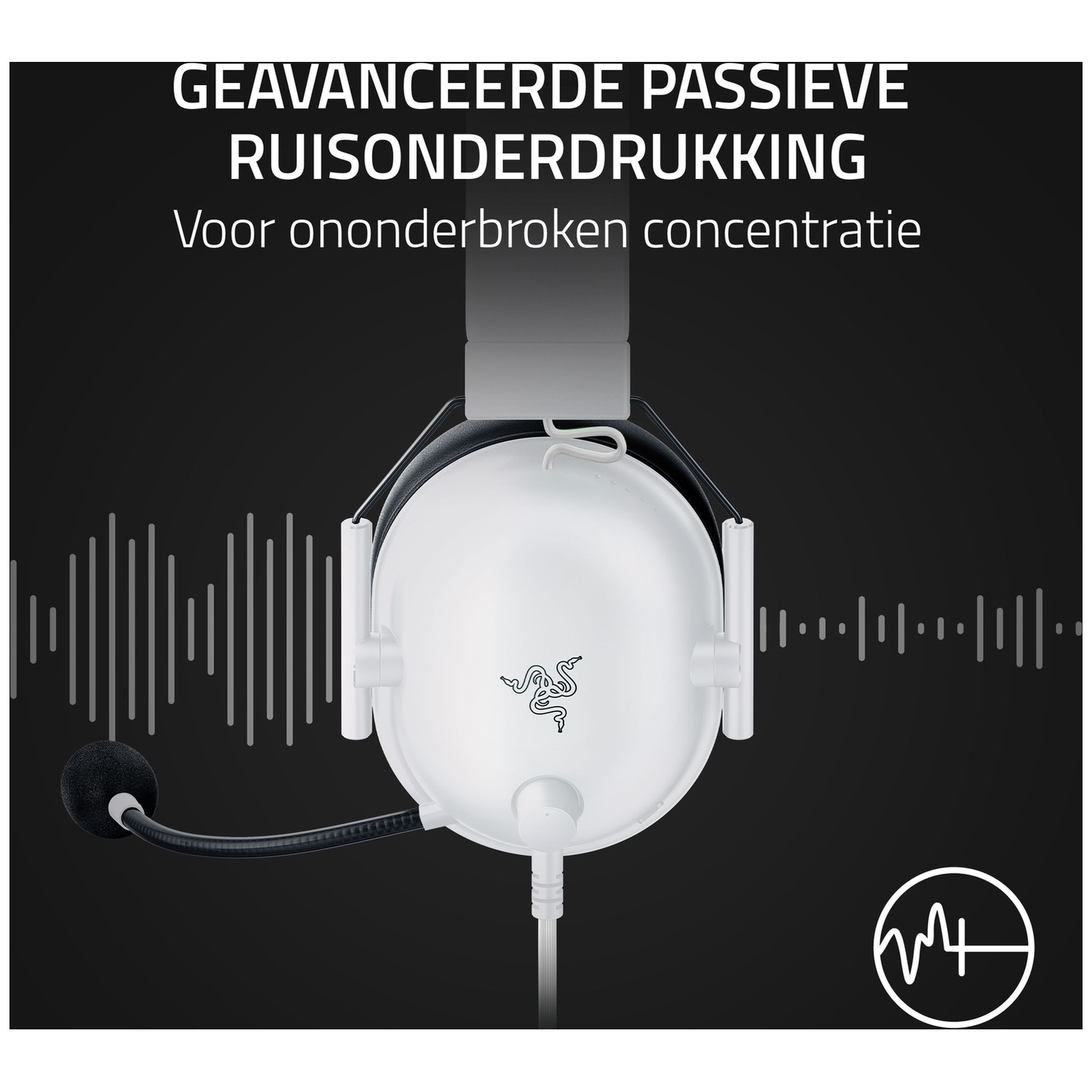 White Razer headset on a black background. Text at the top, sound wave graphics, and a Razer logo are also visible.