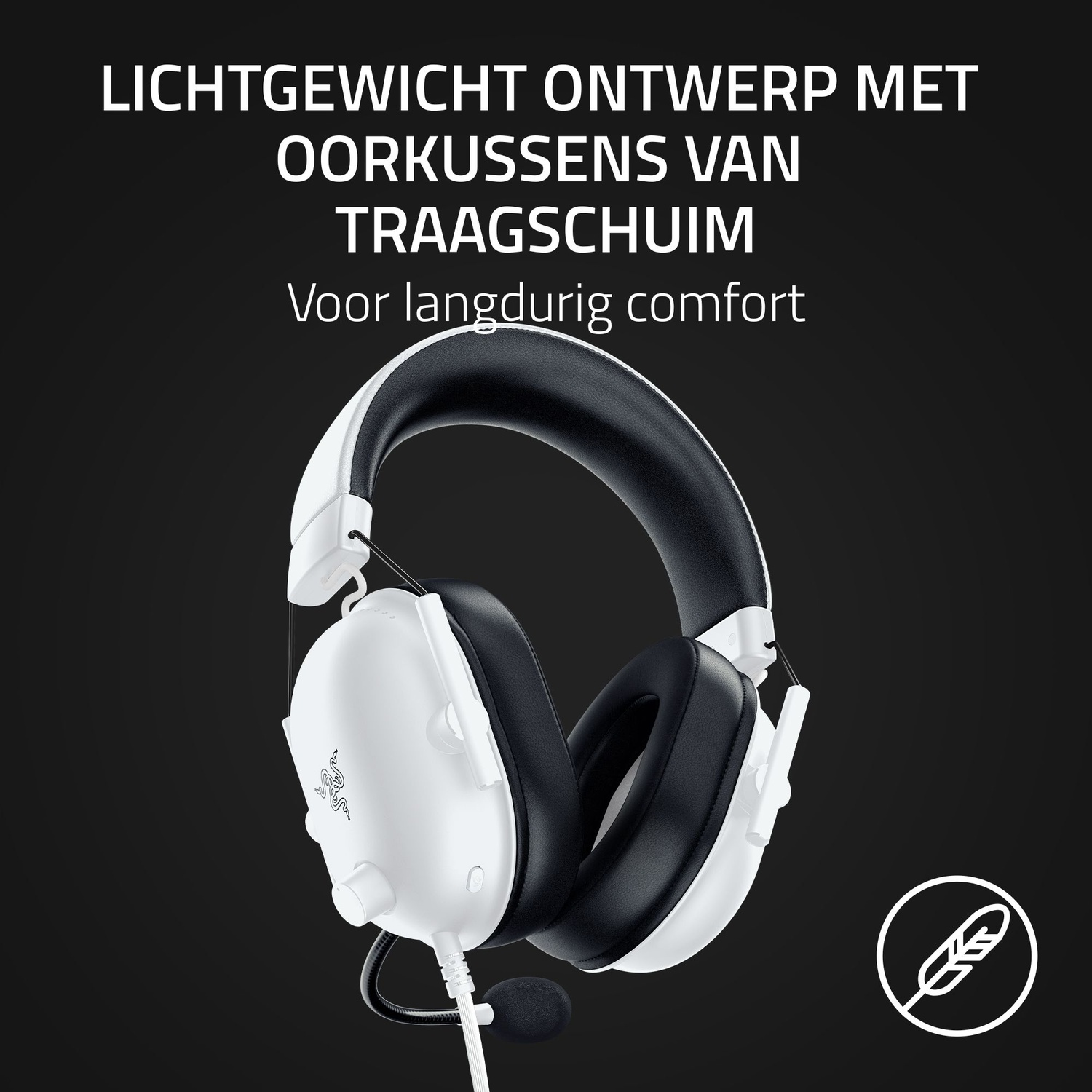 White and black headset on a black background. Text at the top, a feather logo at the bottom right. 