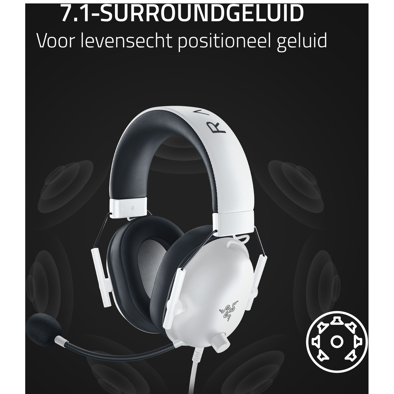 White and black gaming headset. Text at the top, surrounded by sound waves. Black background with Razer logo on the headset.