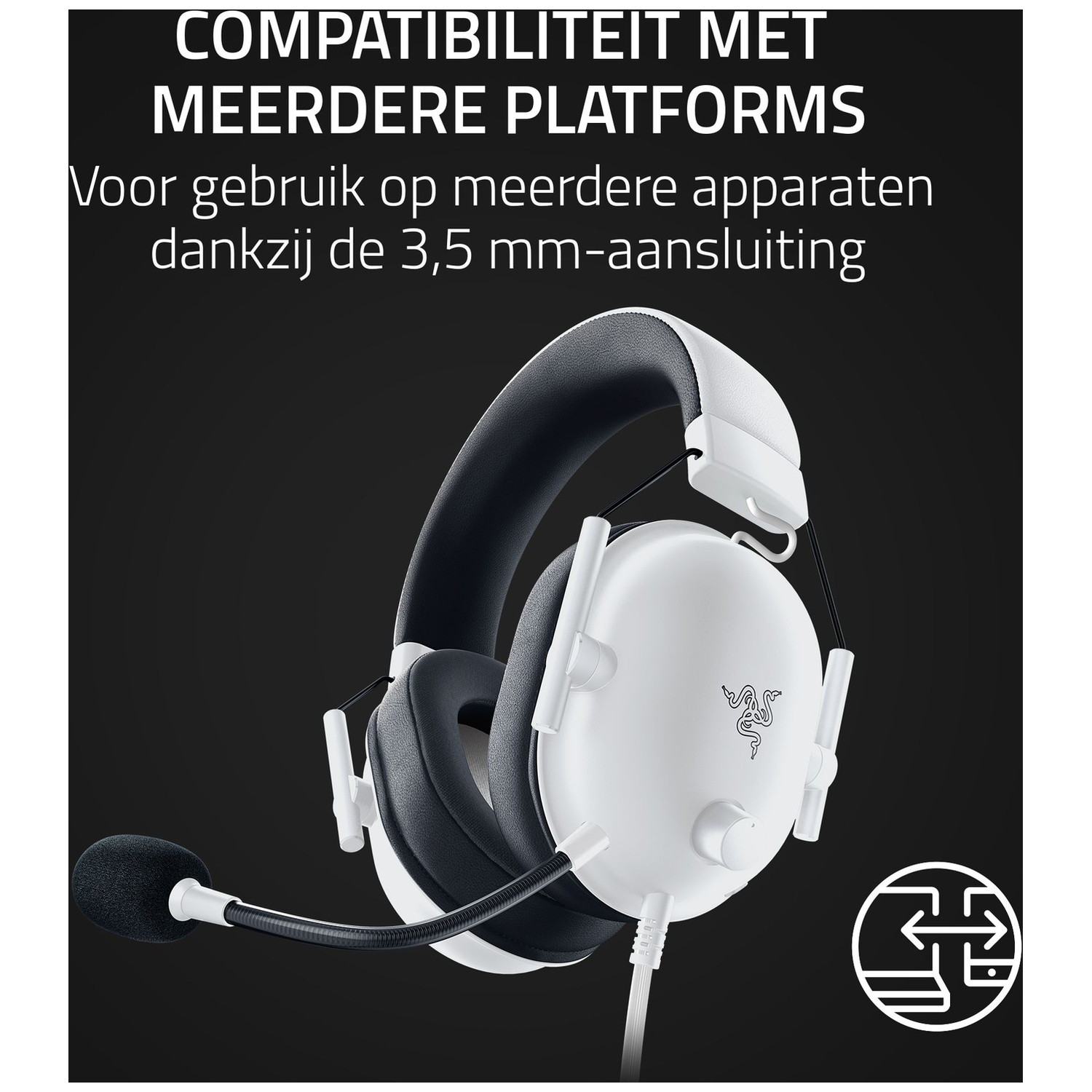 White gaming headset with a black microphone on a black background. Text above reads 'COMPATIBILITEIT MET MEERDERE PLATFORMS'.