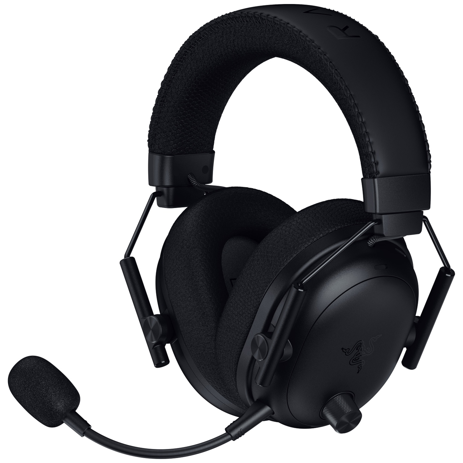 Zwarte Razer gaming headset met microfoon. Het heeft een gewatteerde hoofdband en oorschelpen. Het Razer-logo is zichtbaar.