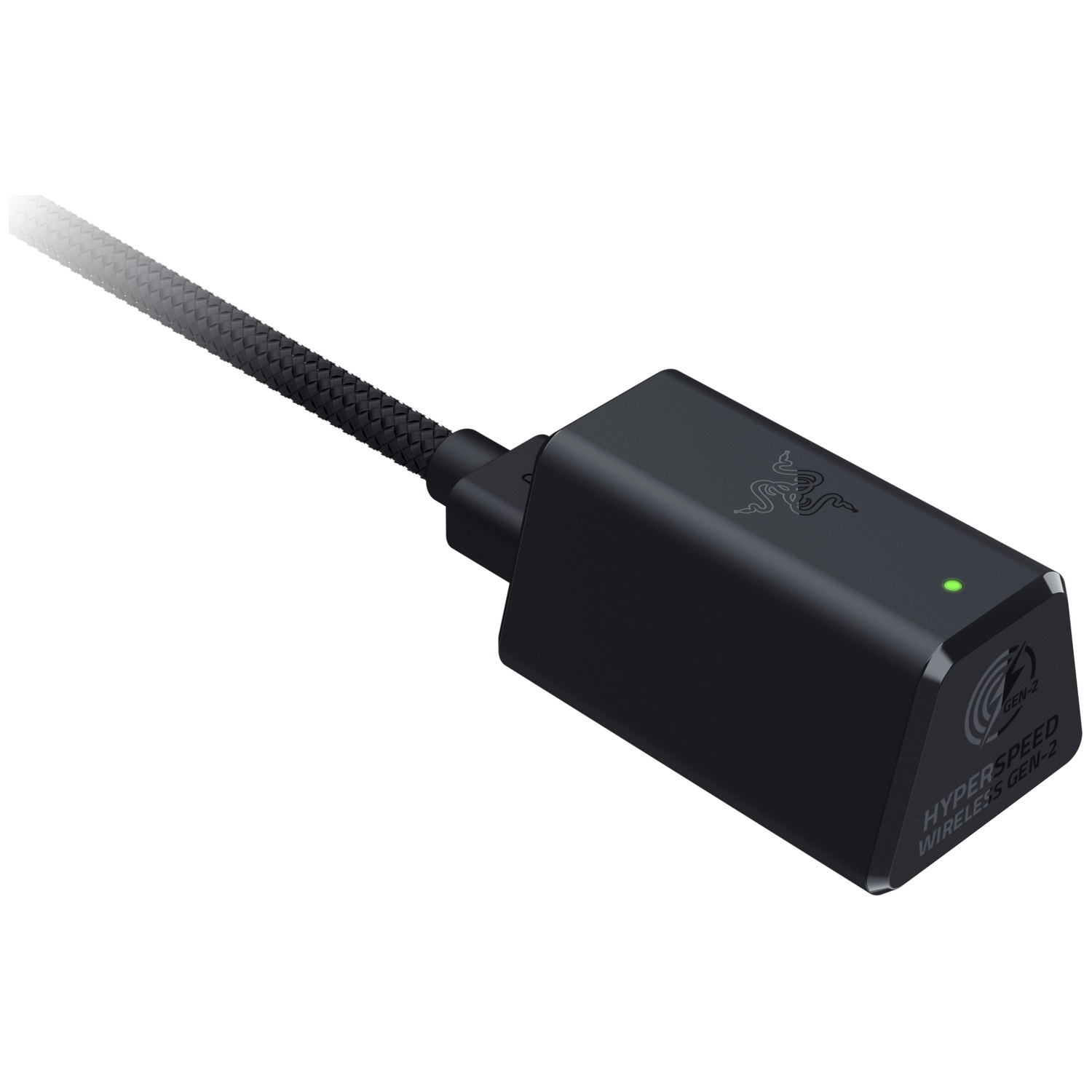 Zwarte Razer HyperSpeed Wireless Gen-3 adapter met gevlochten kabel. Voorzien van Razer-logo en groene stroomindicator.