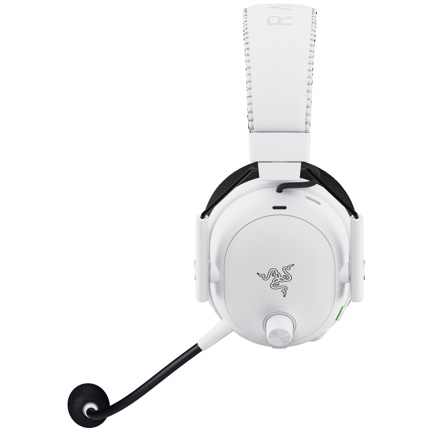 White Razer gaming headset with black microphone and logo. The headset features a padded headband and earcups, and a volume control.