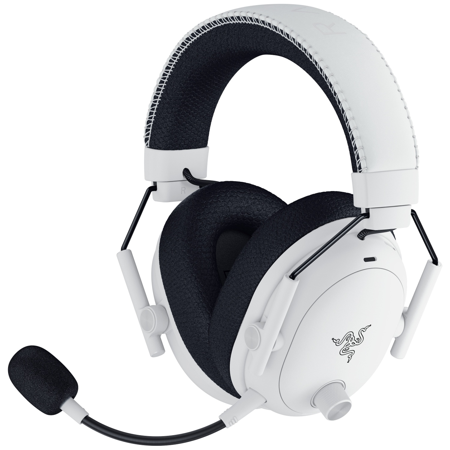 White and black Razer gaming headset with a microphone. Features include earcups, headband, and Razer logo.