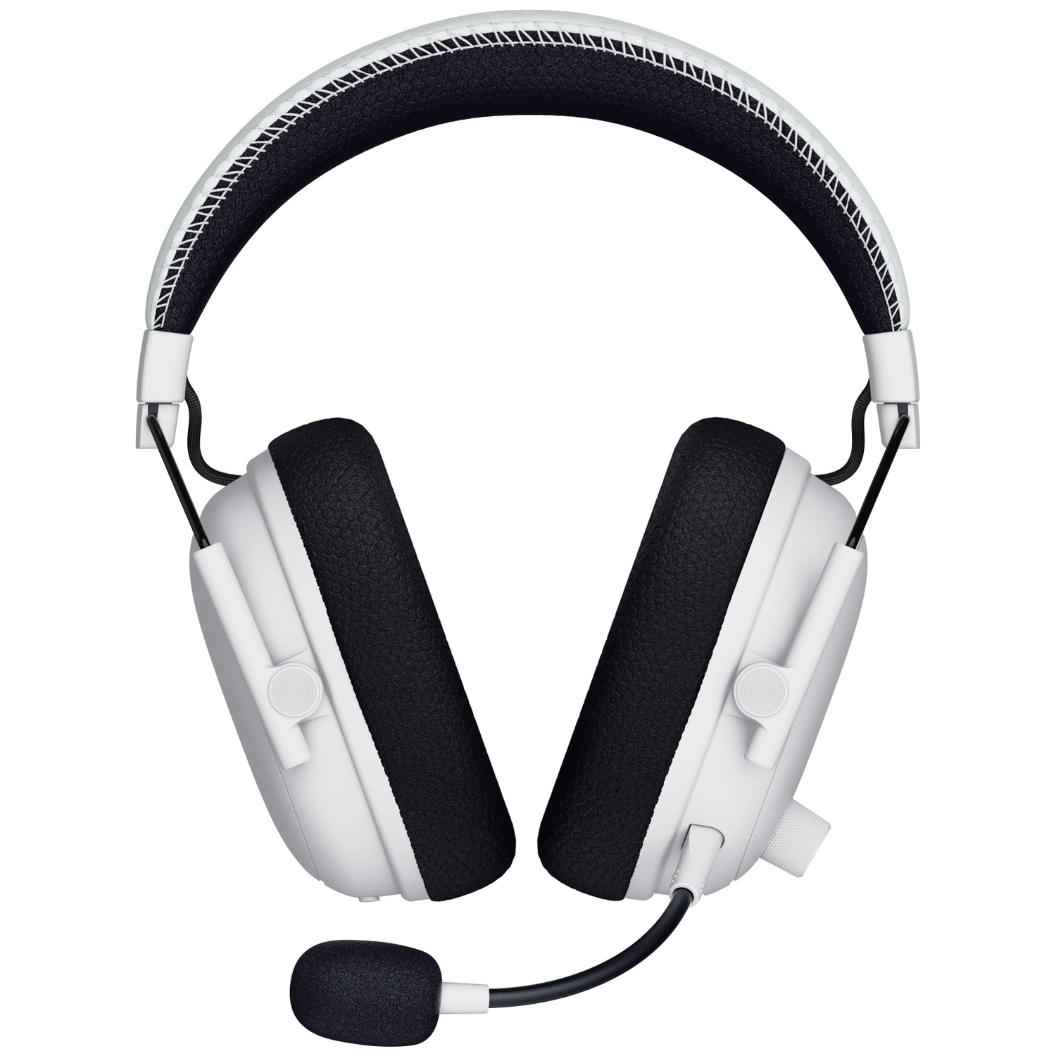 White and black gaming headset. It has large earcups, a microphone, and a padded headband. The background is white.