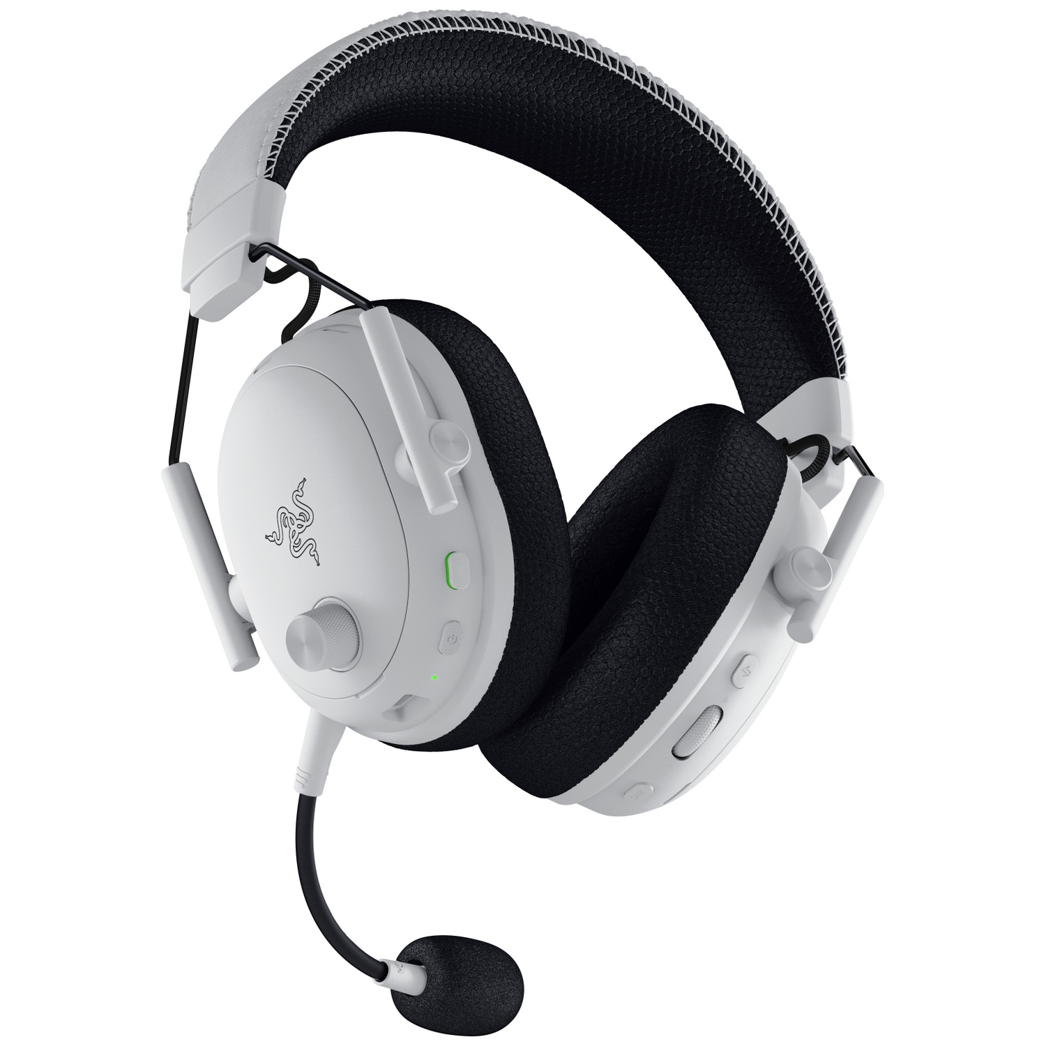 White and black gaming headset. It has a microphone, volume controls, and the Razer logo. The earpads are black.
