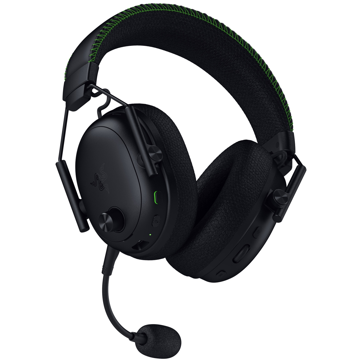 Zwarte Razer gaming headset met groene stiksels op de hoofdband en een afneembare microfoon. De achtergrond is wit.