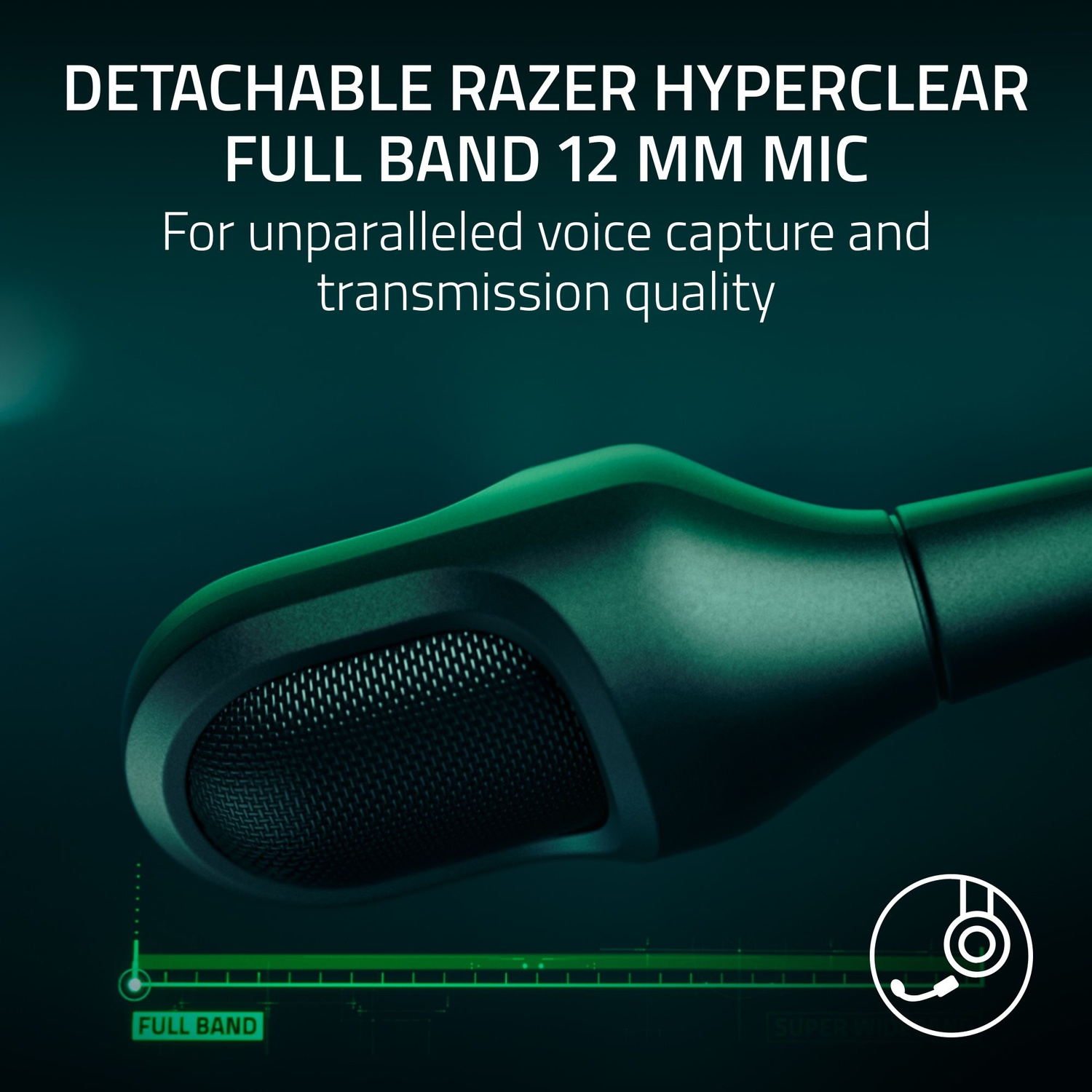 Close-up van een zwarte microfoon. Tekst luidt: Afneembare Razer Hyperclear Full Band 12 MM MIC voor stemopname.