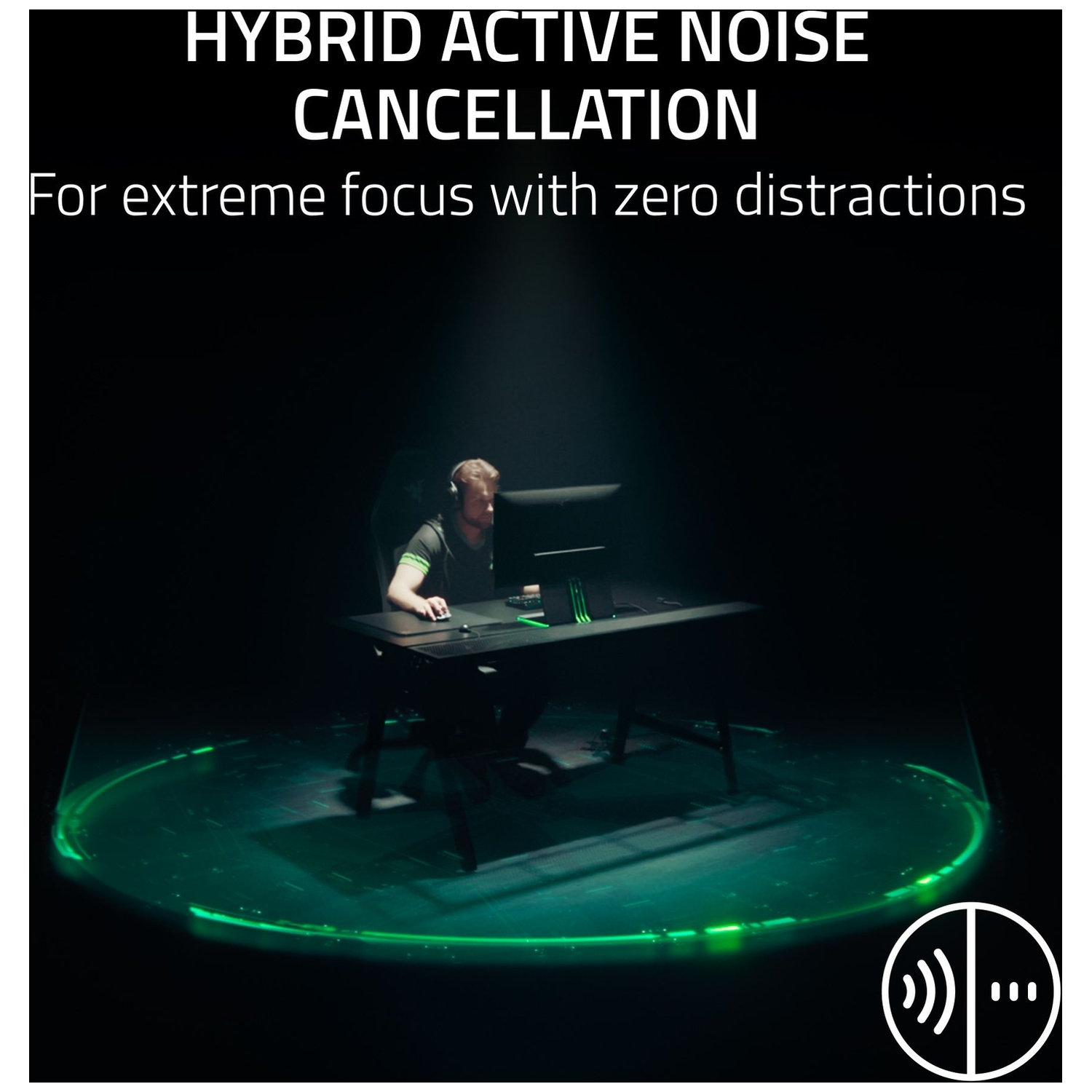 Een man met een koptelefoon zit aan een bureau in een donkere kamer. De tekst zegt 'Hybrid Active Noise Cancellation' met een groene gloeiende cirkel.