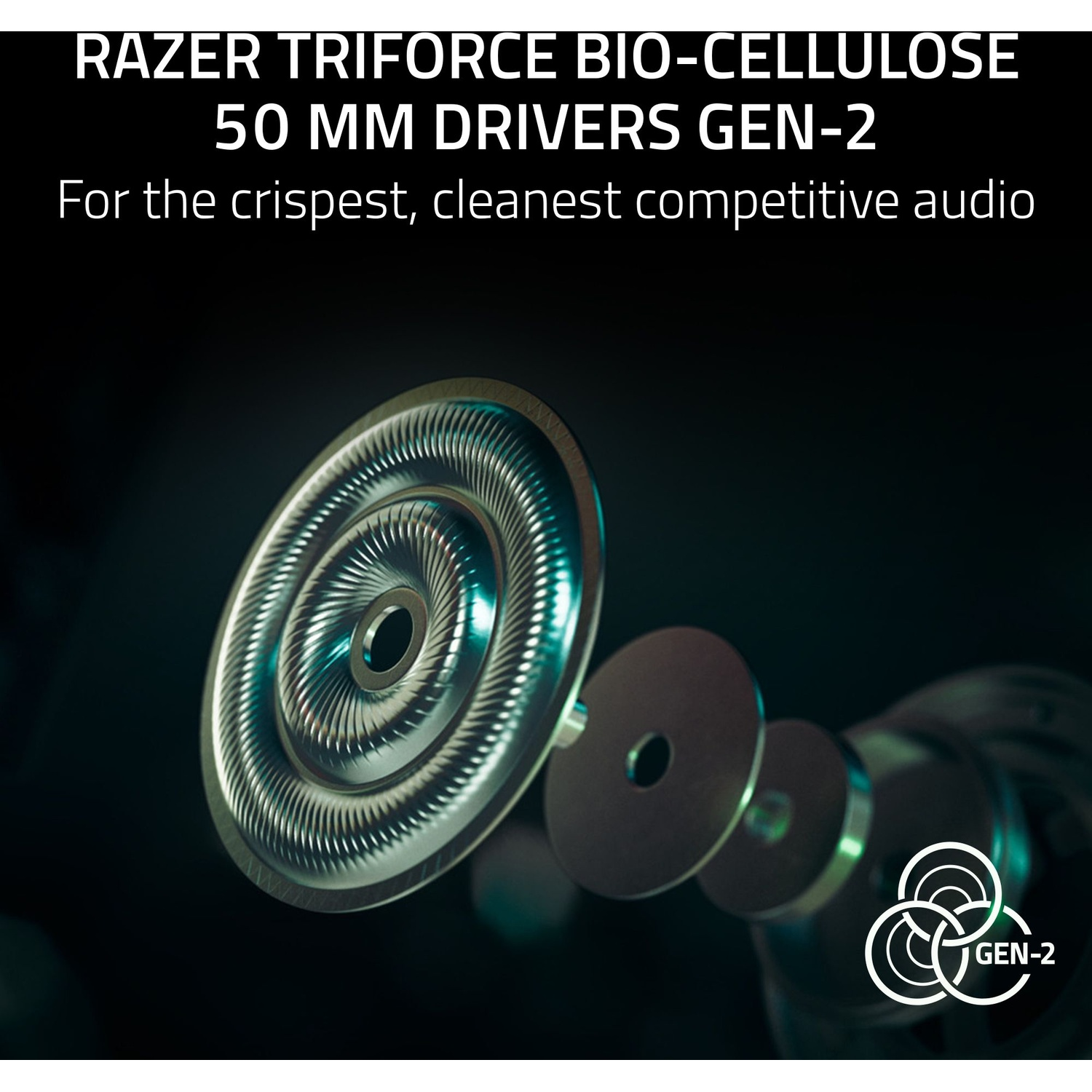 Close-up van een koptelefoonluidspreker met Razer-logo. Tekst luidt: RAZER TRIFORCE BIO-CELLULOSE 50 MM DRIVERS GEN-2.