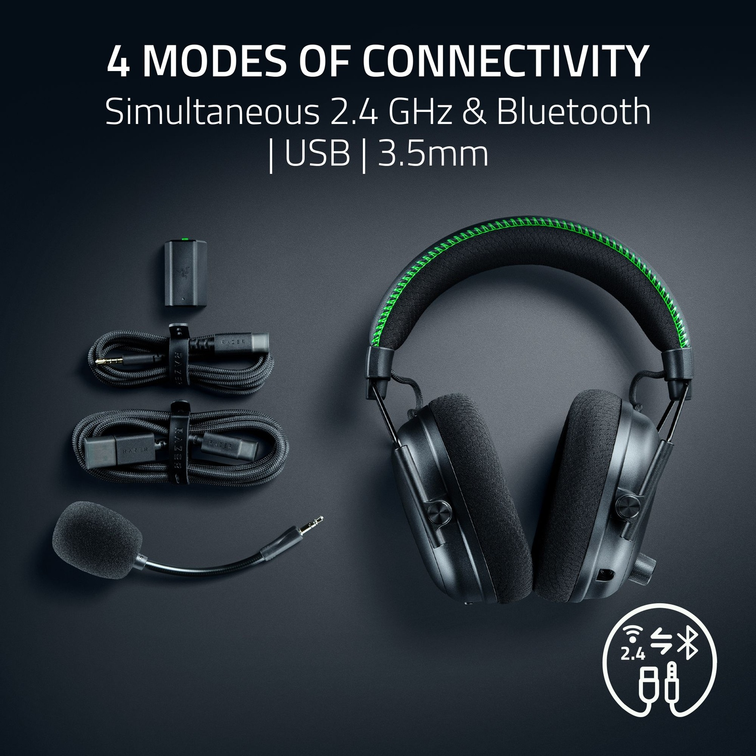 Zwarte gamingheadset met accessoires. Inclusief microfoon, kabels en draadloze ontvanger. Tekst geeft connectiviteitsopties aan: 2,4 GHz, Bluetooth, USB, 3,5 mm.