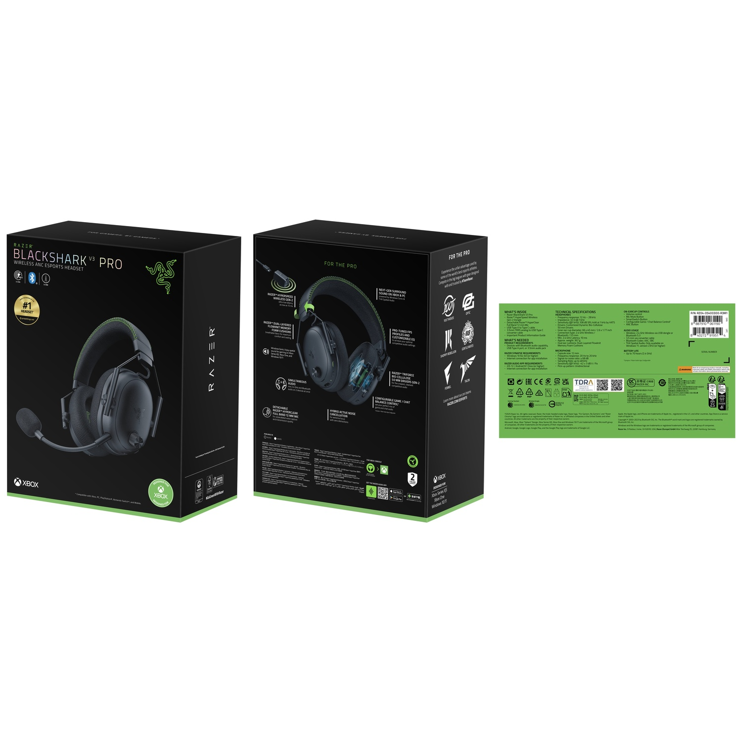Drie Razer Blackshark V3 Pro-dozen. De dozen tonen de headset, met groene en zwarte kleuren, en het Xbox-logo.