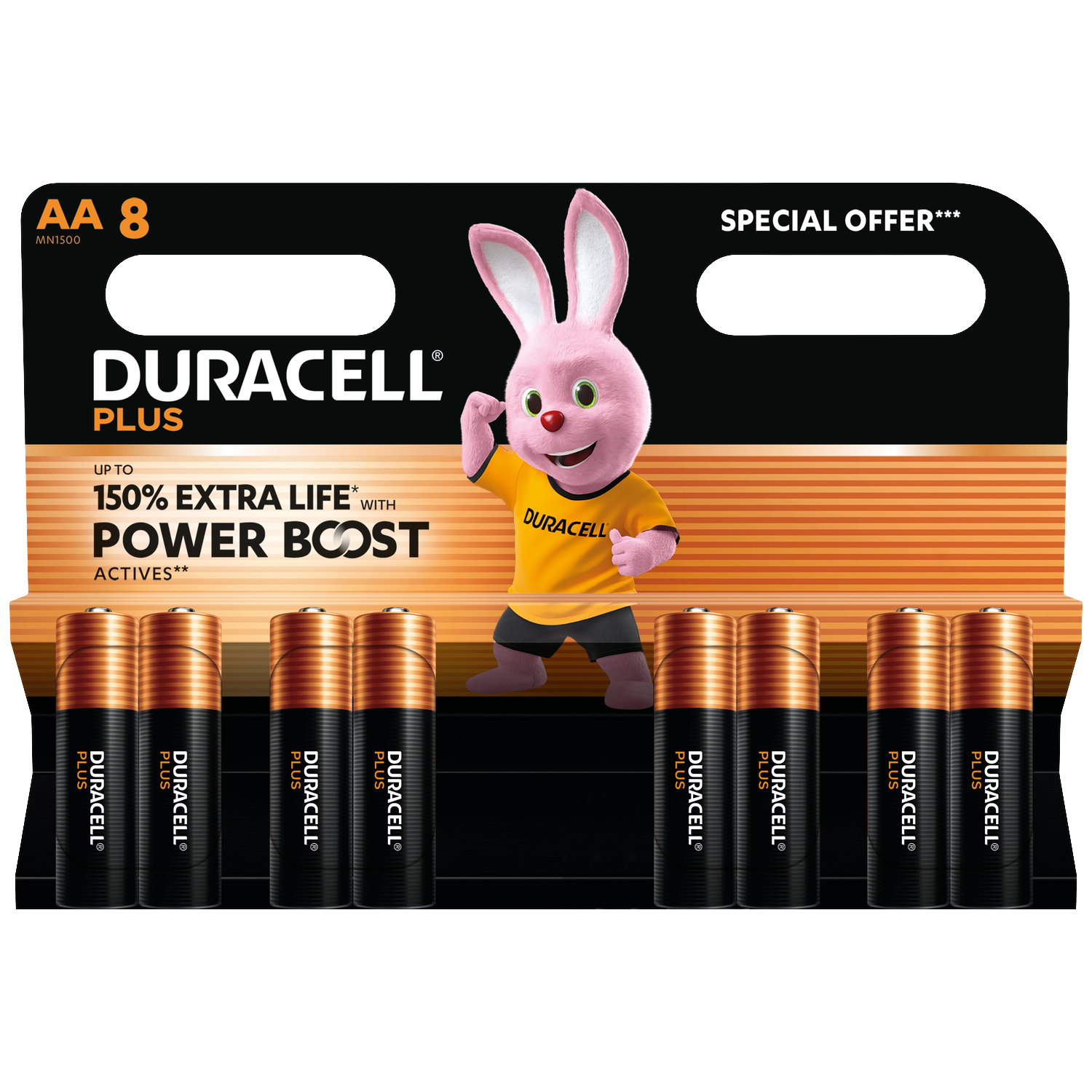 Duracell AA-batterijverpakking met een roze konijnenmascotte in een geel shirt. De verpakking heeft de tekst 'Speciale aanbieding' en '150% extra levensduur'.