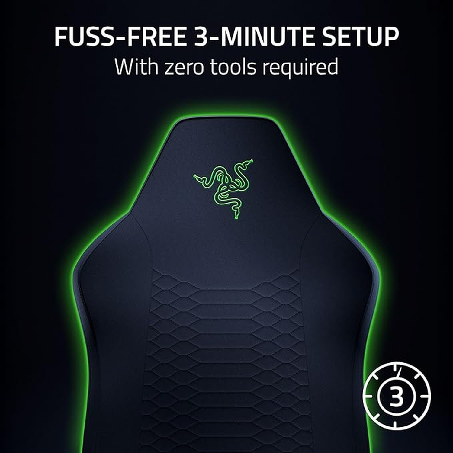 Chaise gaming Razer noire avec des accents verts. La chaise a un logo Razer et le texte 'Fuss-free 3-minute setup'.