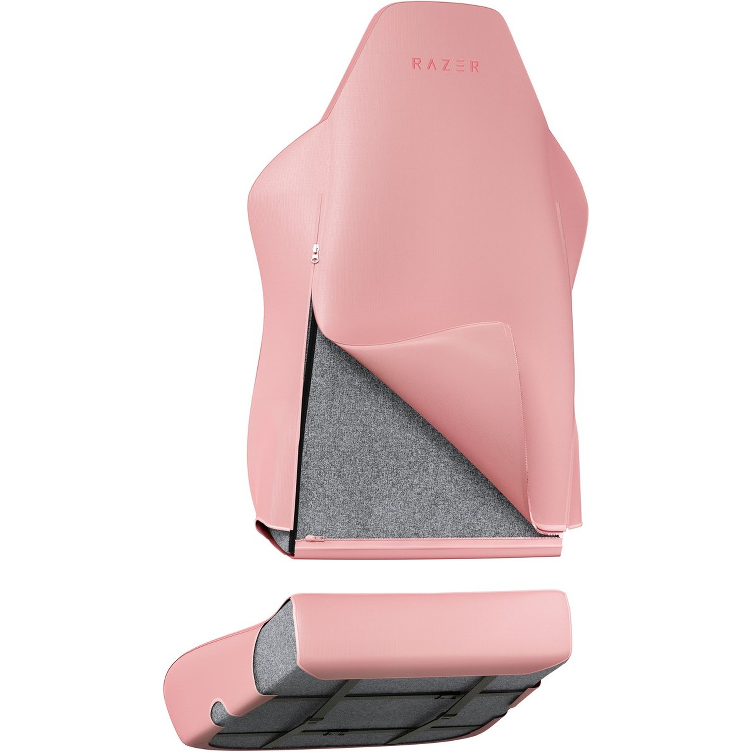 Chaise de jeu Razer rose avec intérieur en tissu gris exposé. Le dossier montre le logo Razer. Le siège est détaché.