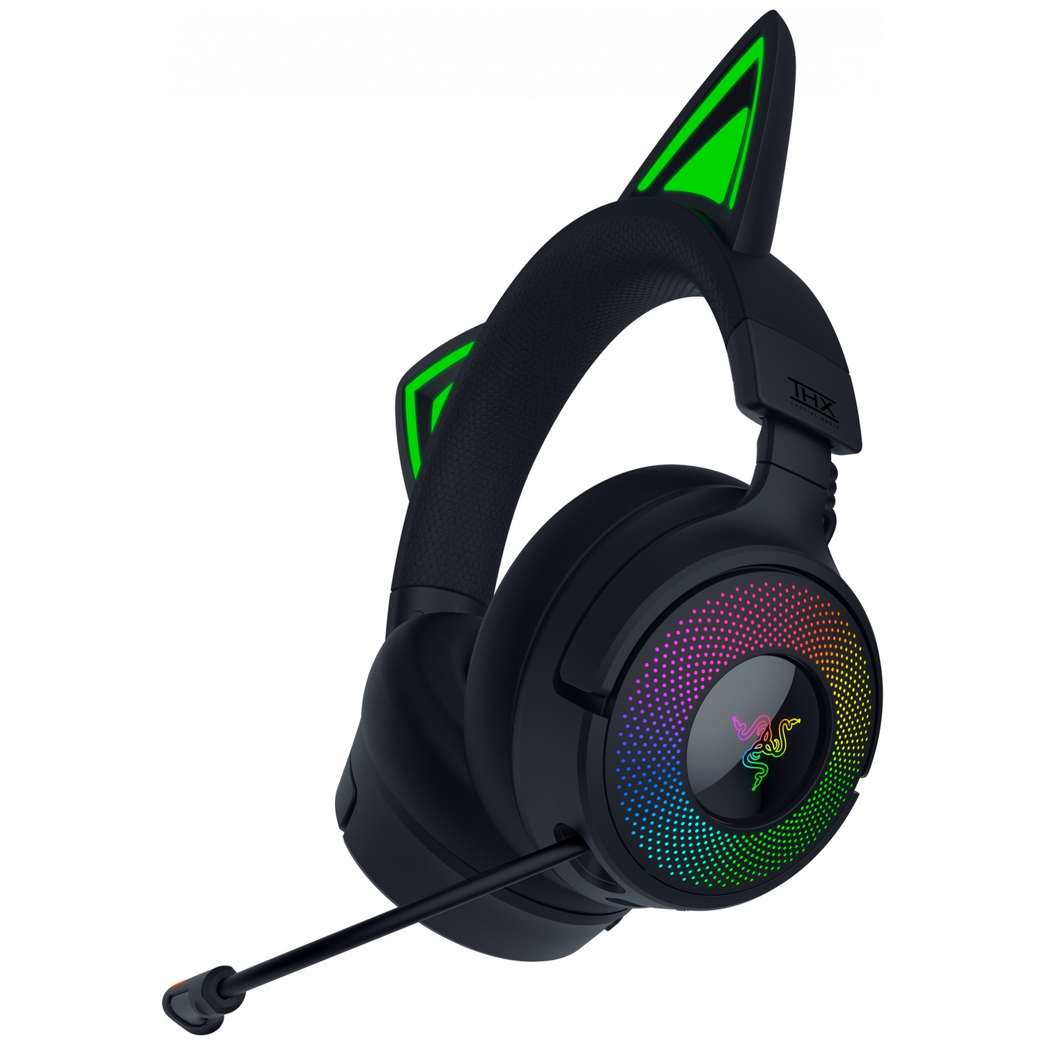 Casque de jeu noir avec oreilles de chat. Les écouteurs ont des lumières colorées et un microphone. Le fond est blanc.