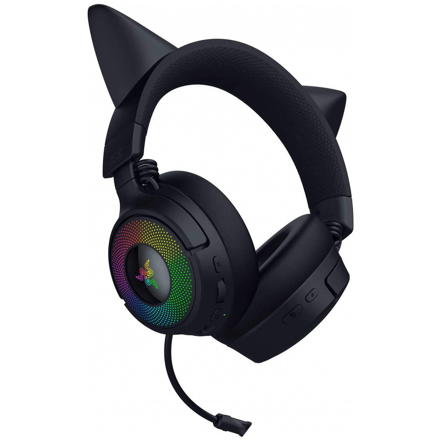 Casque de jeu noir avec oreilles de chat, lumières arc-en-ciel sur les oreillettes et micro détachable. Le fond est blanc.