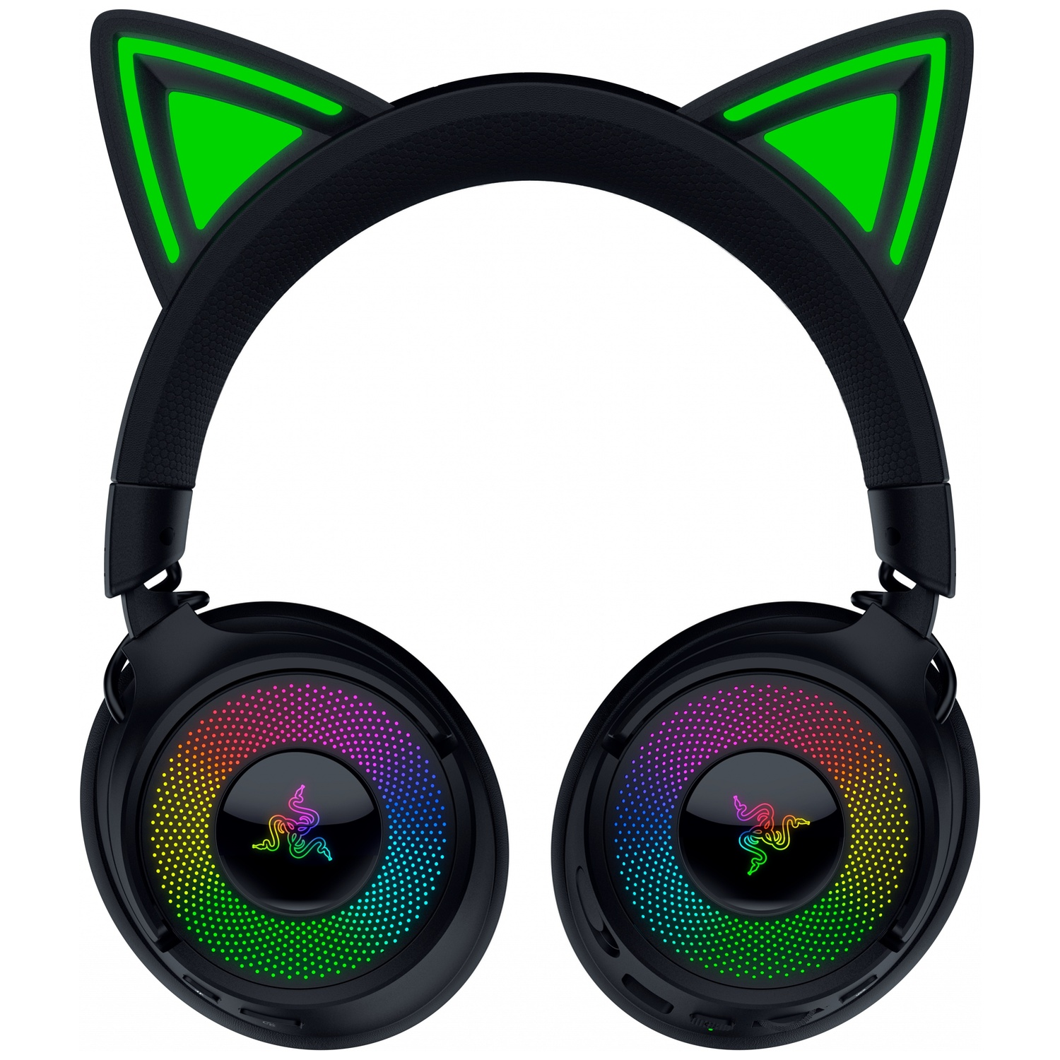 Casque de jeu noir avec oreilles de chat. Les oreilles et les écouteurs ont des lumières RVB. Le logo Razer est sur les écouteurs.