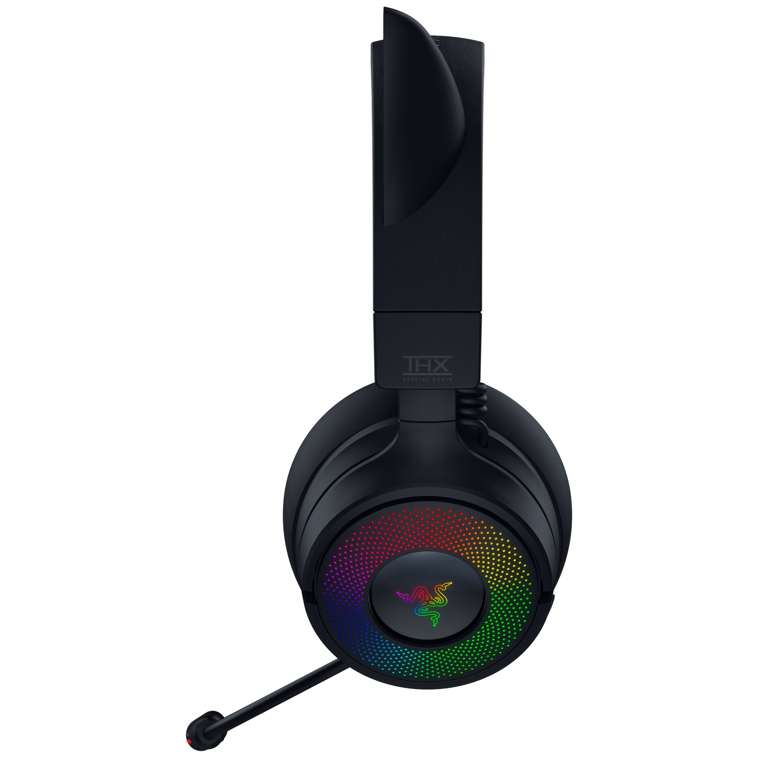 Casque de jeu Razer noir avec lumières LED arc-en-ciel et microphone. Le casque porte la marque THX Spatial Audio.