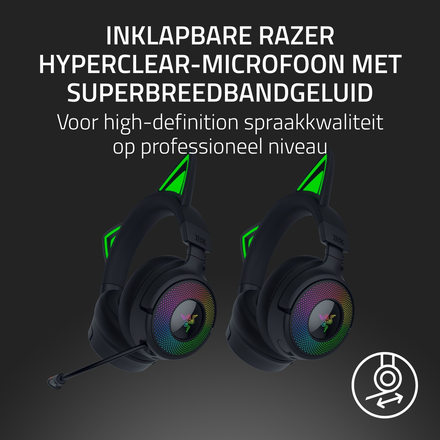 Deux casques de jeu Razer noirs avec des accents verts et un éclairage arc-en-ciel. Texte en néerlandais. Icône blanche à droite.