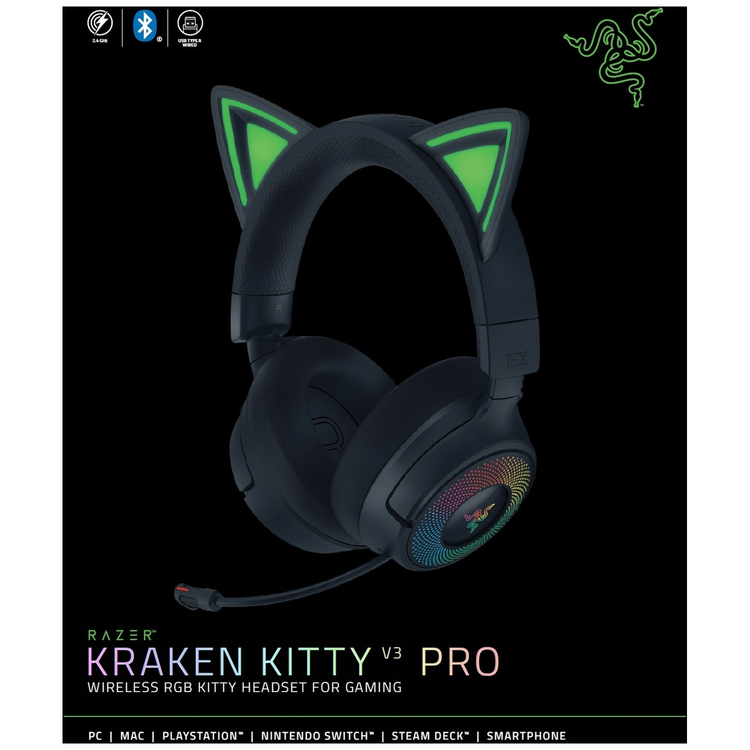 Casque Razer Kraken Kitty V3 Pro noir avec oreilles de chat et éclairage RGB. Texte inclut la marque, le modèle et les infos de compatibilité.