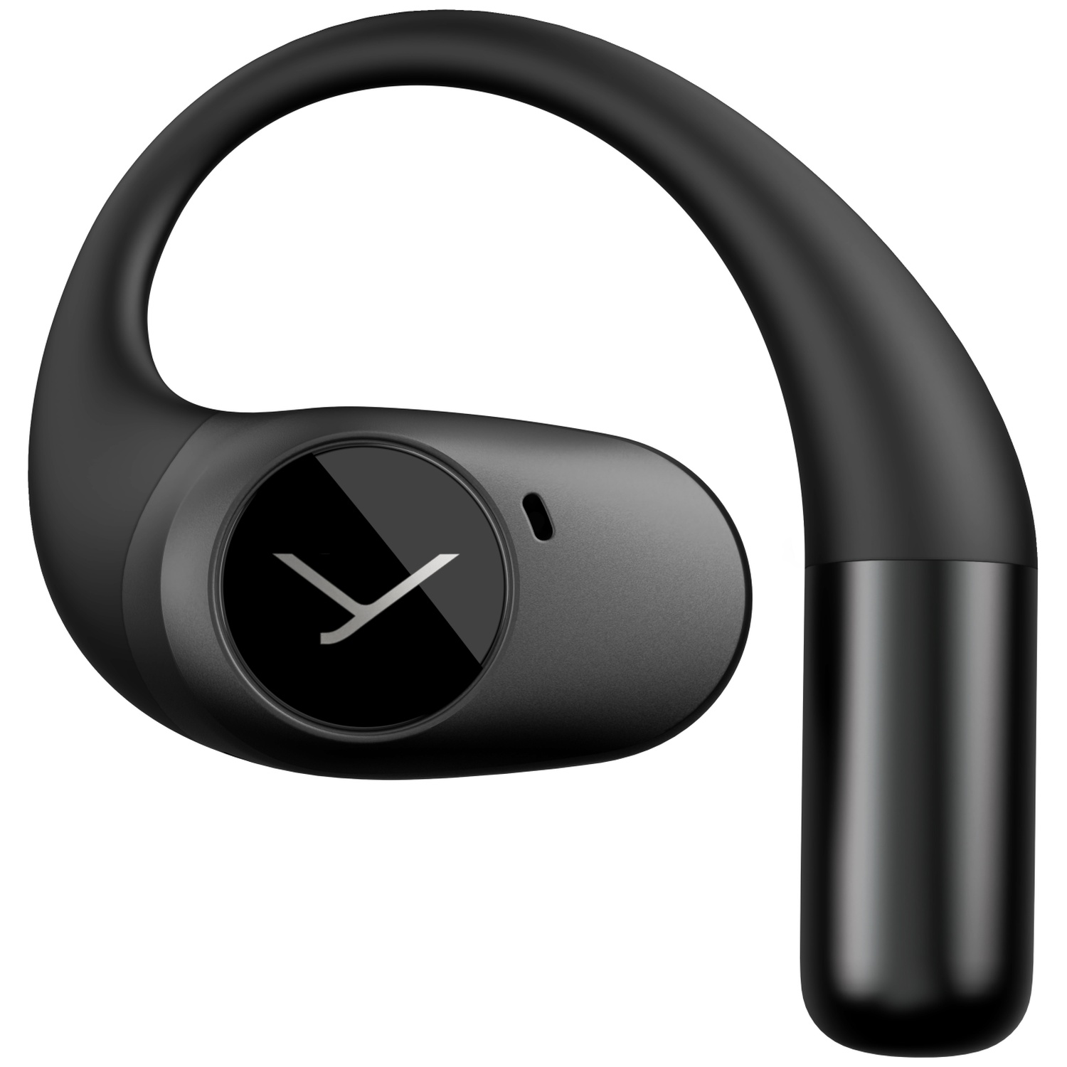 Un écouteur sans fil noir avec un design incurvé. Une surface noire ronde avec un logo blanc est visible sur l'écouteur.
