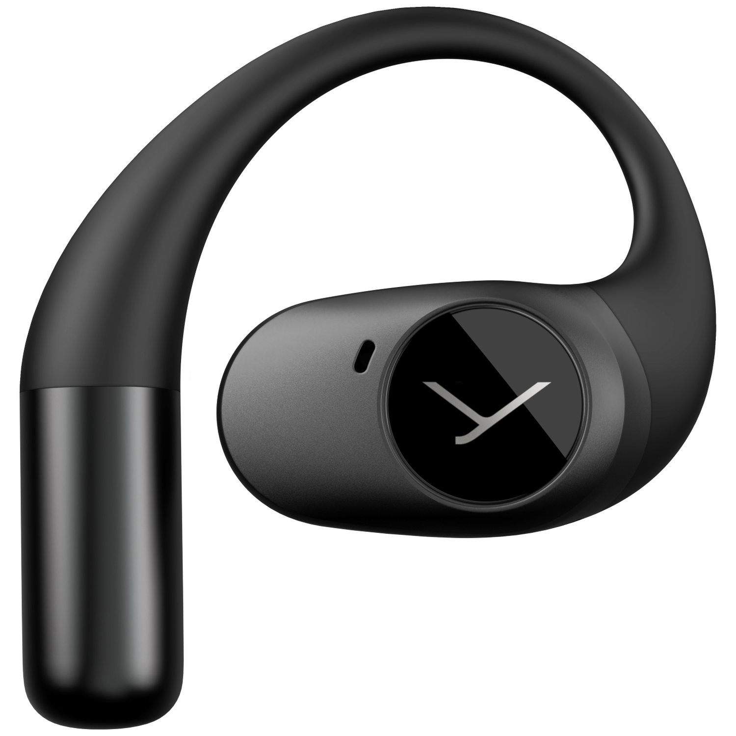 Un écouteur sans fil noir au design incurvé, avec un bouton circulaire avec logo blanc et un petit trou.