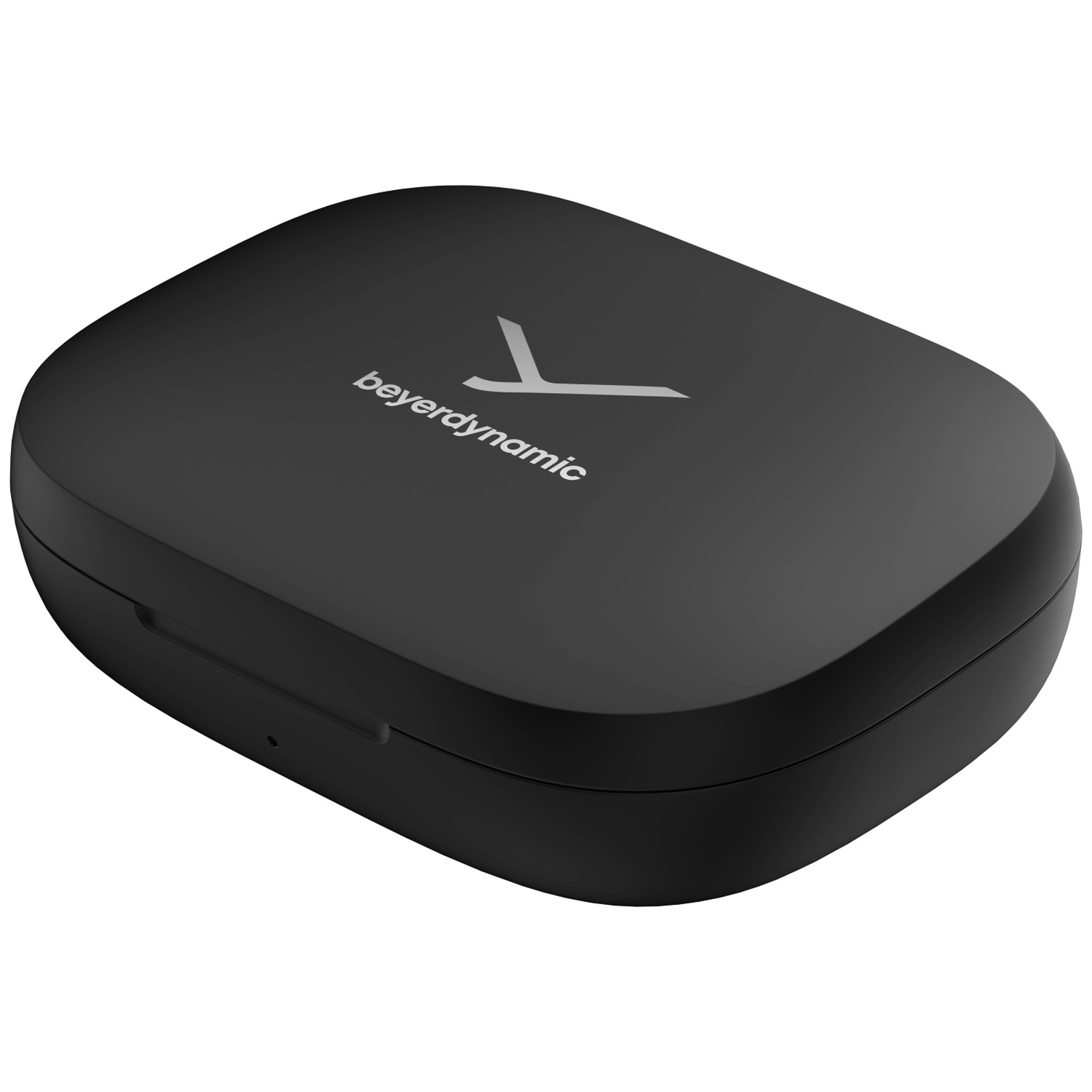 Un étui noir, ovale, avec la marque 'beyerdynamic' et un logo sur le dessus. Sur fond blanc.