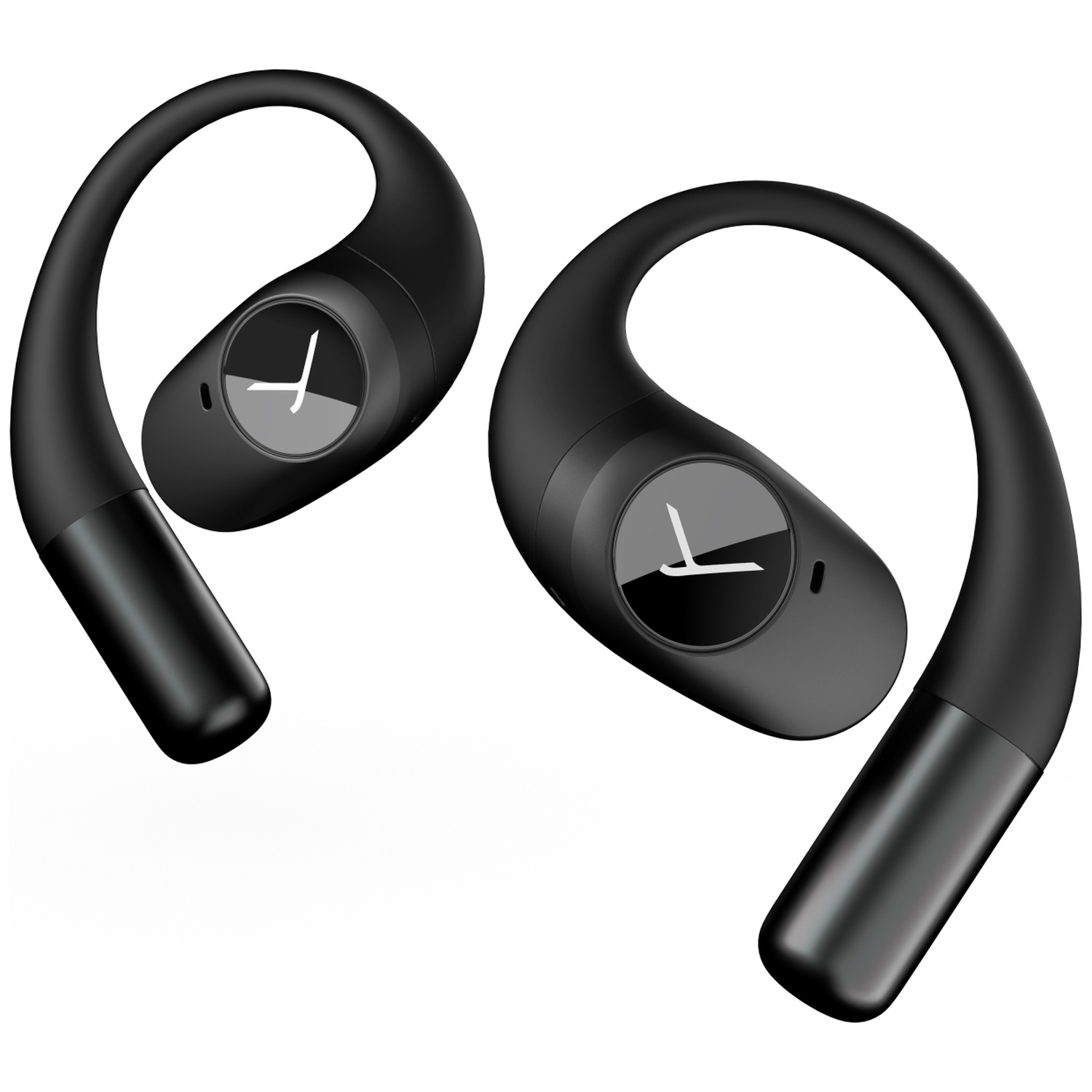 Deux écouteurs noirs avec des crochets d'oreille. Chacun a un bouton circulaire avec un 'T' blanc à l'intérieur. Fond blanc.