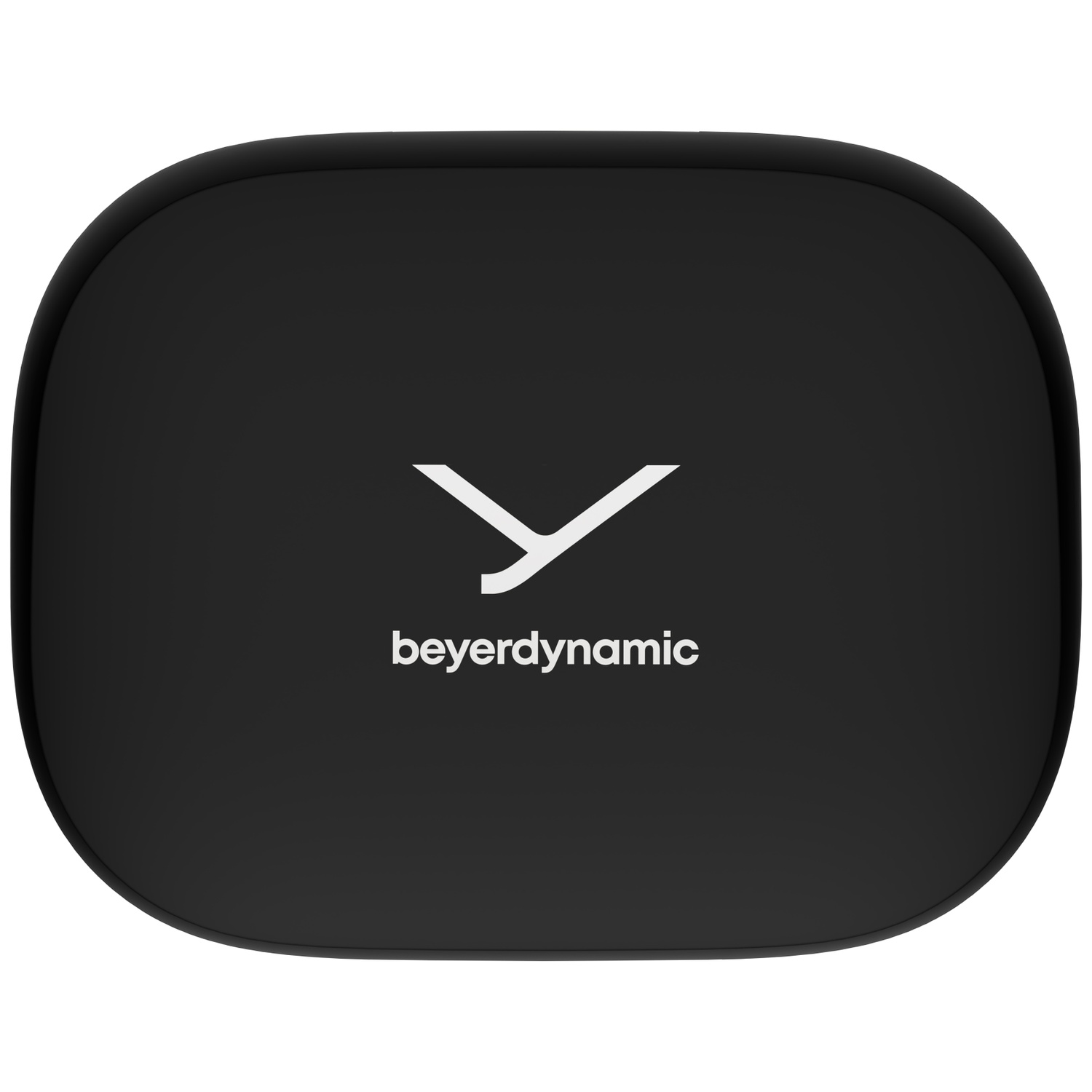 Étui carré noir arrondi avec logo blanc et texte 'beyerdynamic'. L'étui est sur un fond blanc, éclairé d'en haut.