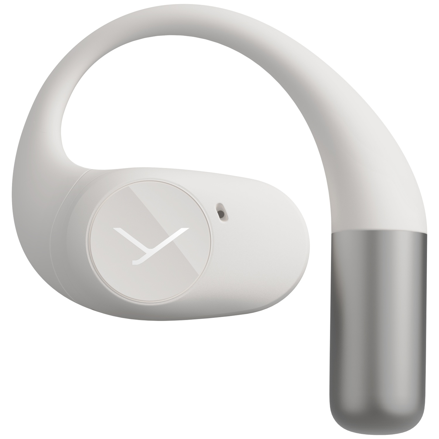 Un écouteur blanc et argenté avec un design en boucle. Il possède un bouton circulaire avec un logo et une base cylindrique argentée.