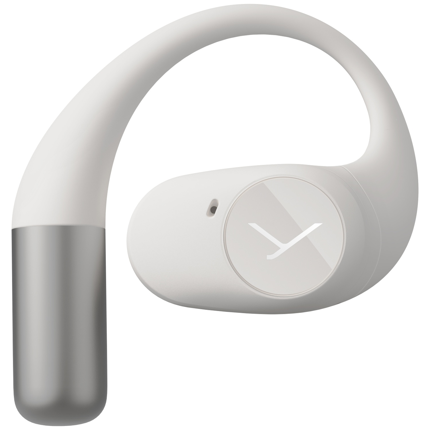 Un écouteur blanc et argenté. Il a un design courbé qui s'enroule autour de l'oreille. Un logo est visible sur l'écouteur.