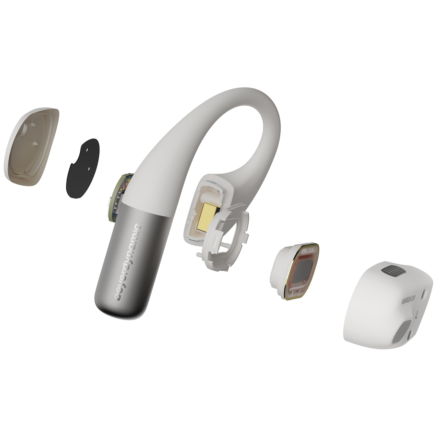 Vue éclatée d'un casque beyerdynamic Amiron 200 blanc et argenté. Composants séparés, montrant les parties internes.