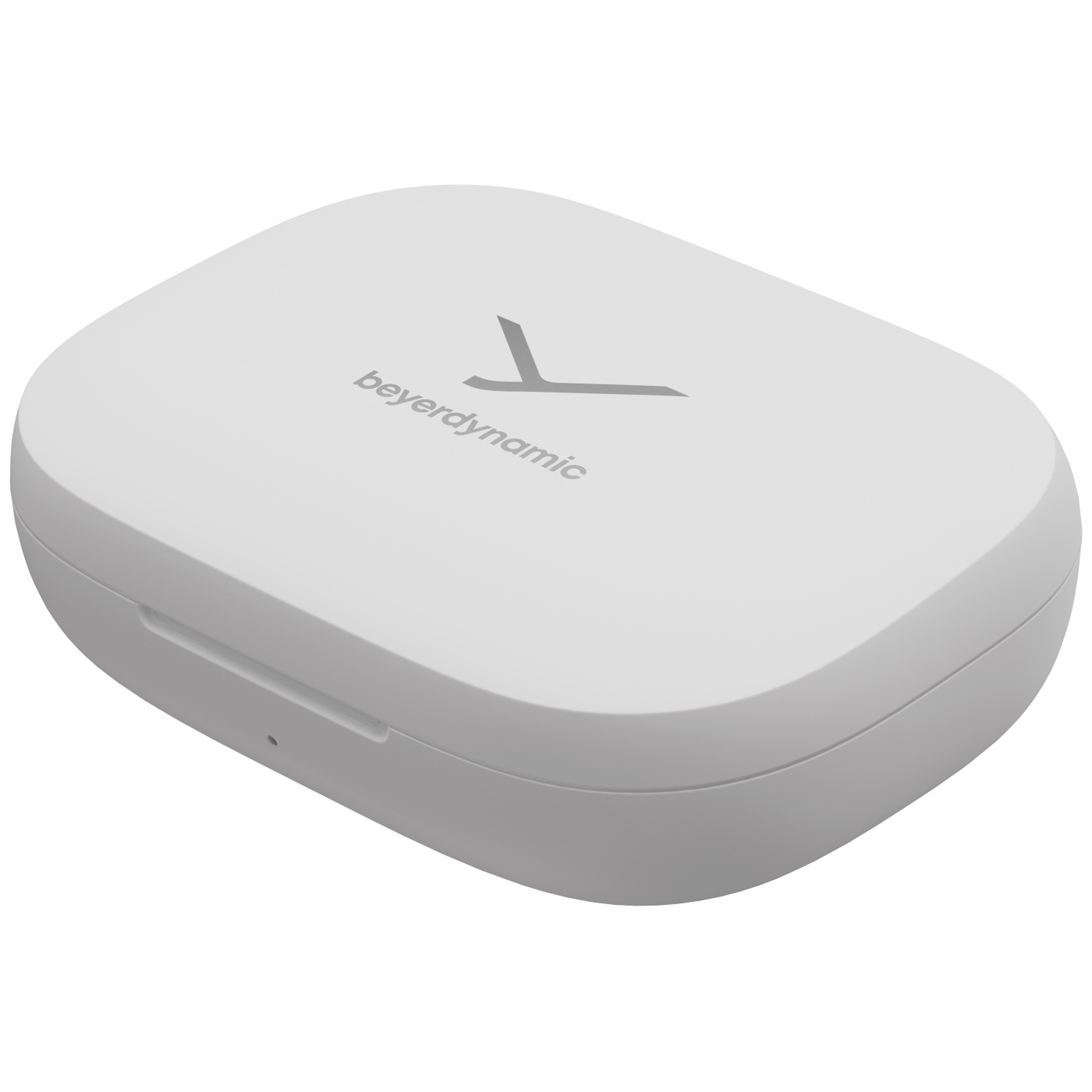 Un étui blanc, rectangulaire arrondi avec le logo Beyerdynamic. Il a une surface lisse et un design légèrement incurvé.
